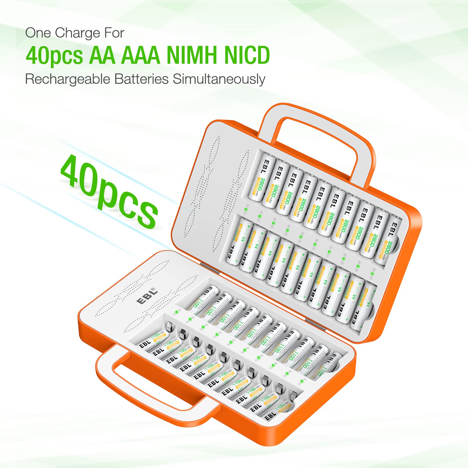 EBL 40-Slot AA AAA Battery Charger for 2/4/6/8/10/12/14/16/18/20/22/24/26/28/30/32/34/36/38/40 Rechargeable Batteries - Fast Multi-Charger with LCD Display & Handle Design (Batteries Not Included) - Perfect for Home, Office, Camera, Toys, and Electronics