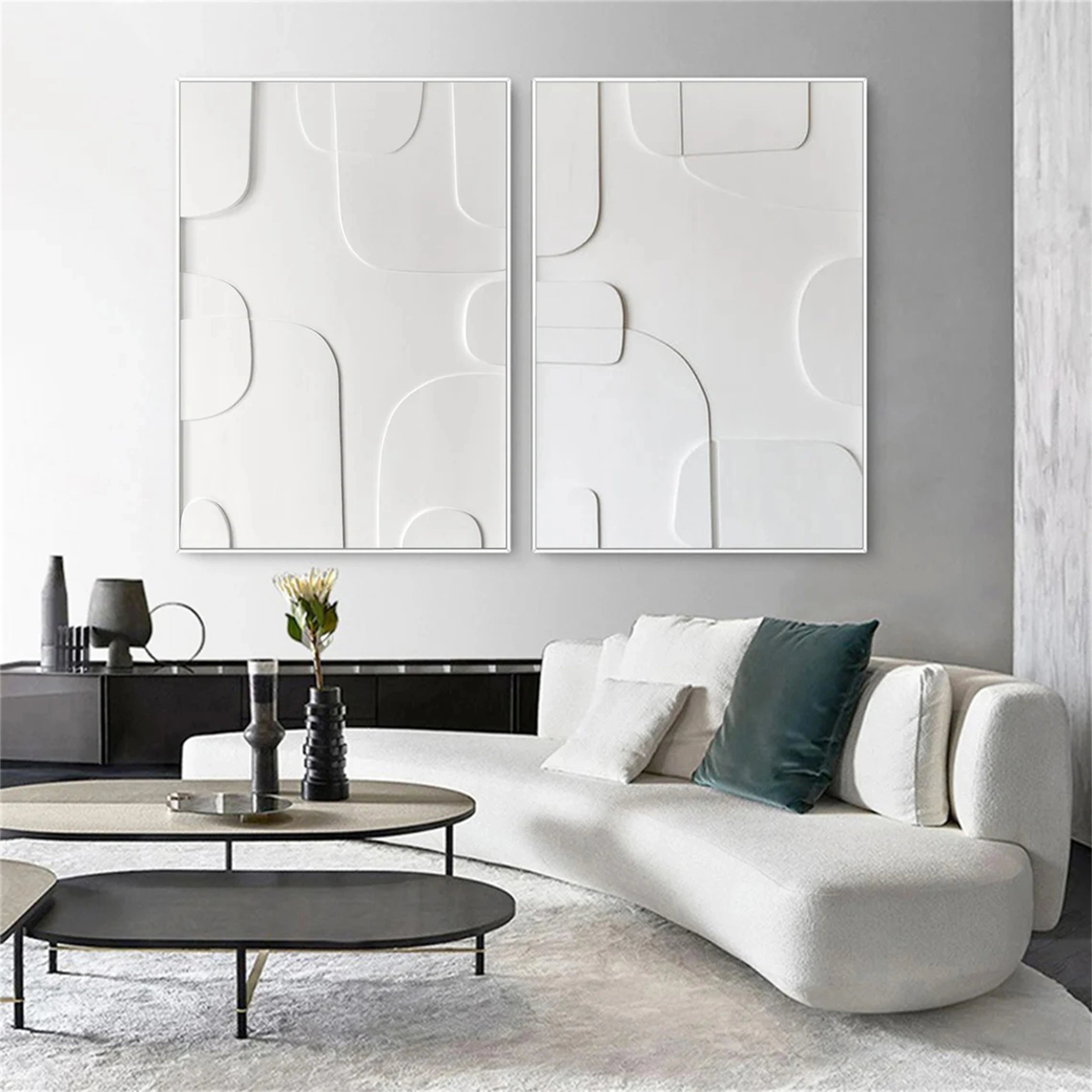 Modern White Minimalist Textured Canvas Paintings - Set of 2 Abstract Wall Art Decor #MM147 | Perfect for Living Room, Bedroom & Office Decor