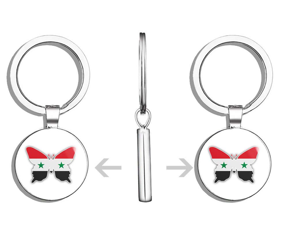 Syria Flag Butterfly Round Stainless Steel Keychain - Double Sided Design for Keys, Backpacks & Travel Accessories