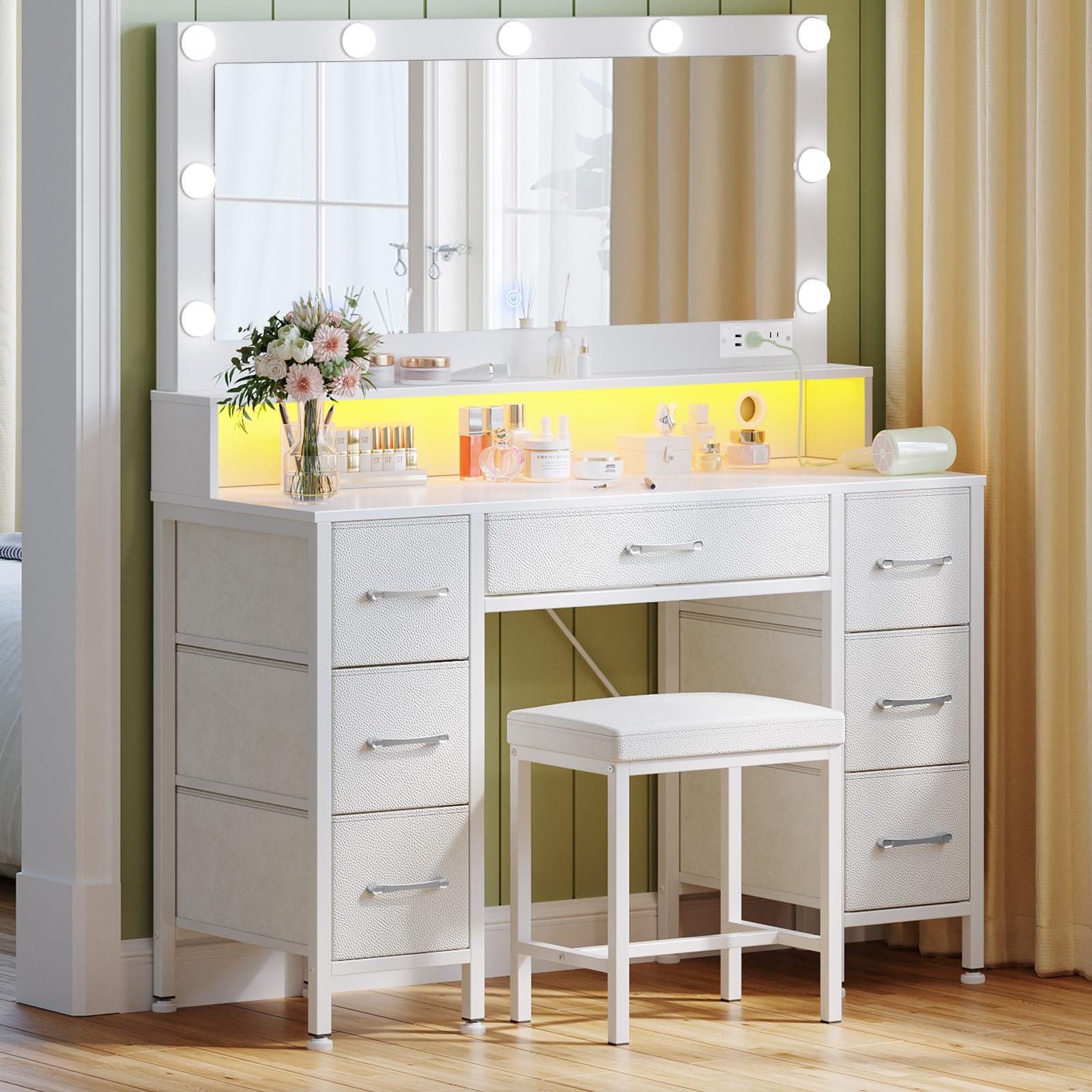 Rolanstar White Vanity Desk with Mirror & LED Lights - Makeup Vanity Set with Upholstered Stool, 7 Fabric Drawers, 9 Dimmable Bulbs & Power Outlets - Bedroom Vanity with RGB Strip Lights for Makeup, Dressing & Home Decor