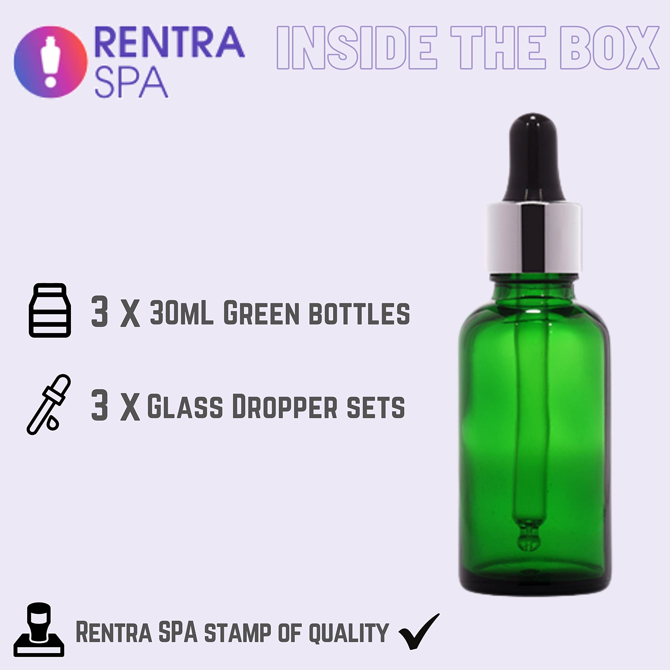 Rentra S.P.A 30ml Green Round Glass Bottle with Dropper, Silver Ring & Black Silicone Teat - Perfect for Essential Oils, DIY Skincare & Liquid Storage