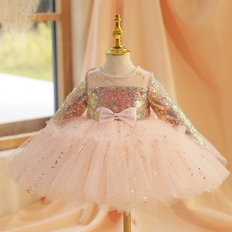 Elegant Pink Tulle & Sequined A-Line Flower Girl Dress with Long Sleeves - Perfect for Weddings, Pageants & Special Occasions
