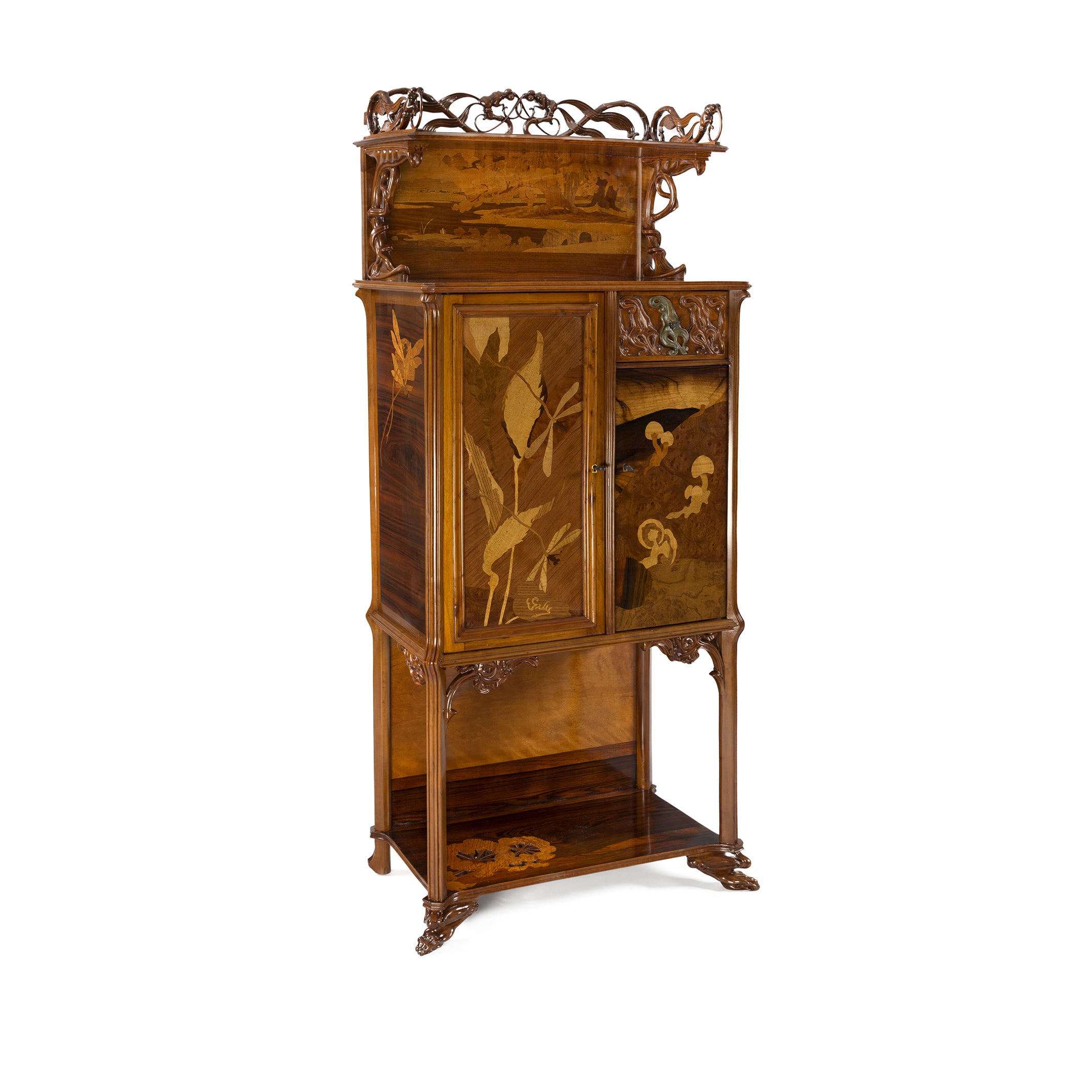 Emile Galle Frogs Fruitwood Cabinet - Vintage French Art Nouveau Display Cabinet for Living Room & Dining Room Decor