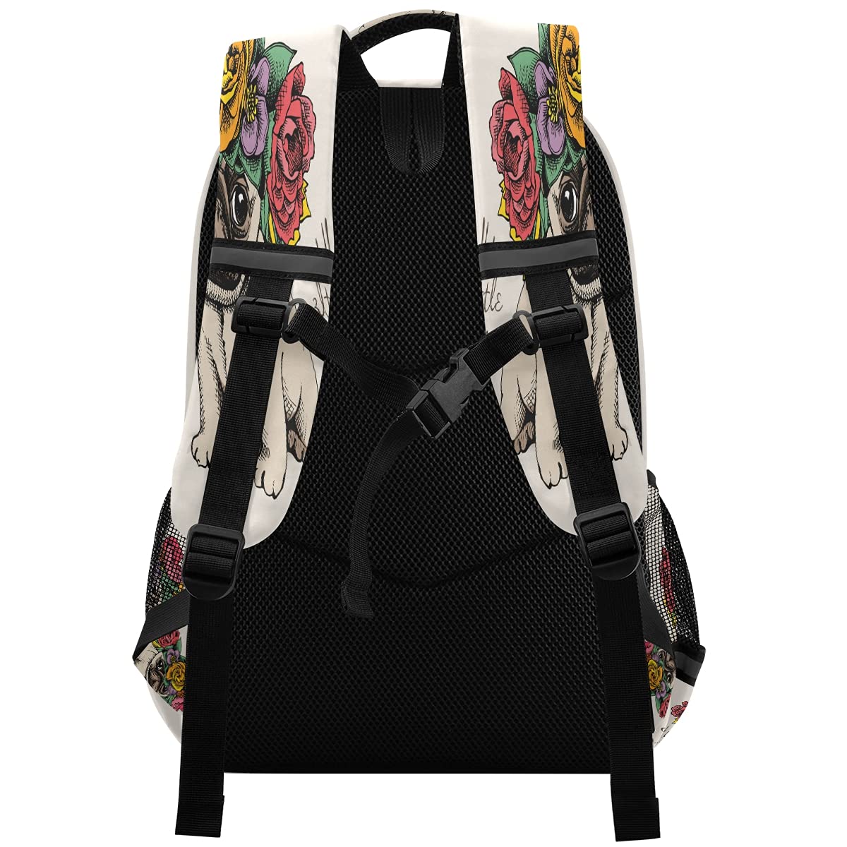 Hippie Pug Puppy with Rose Print Backpack - Cute School Bag for Girls, Boys & Teens - Lightweight Travel Backpack for College, Hiking & Daily Use