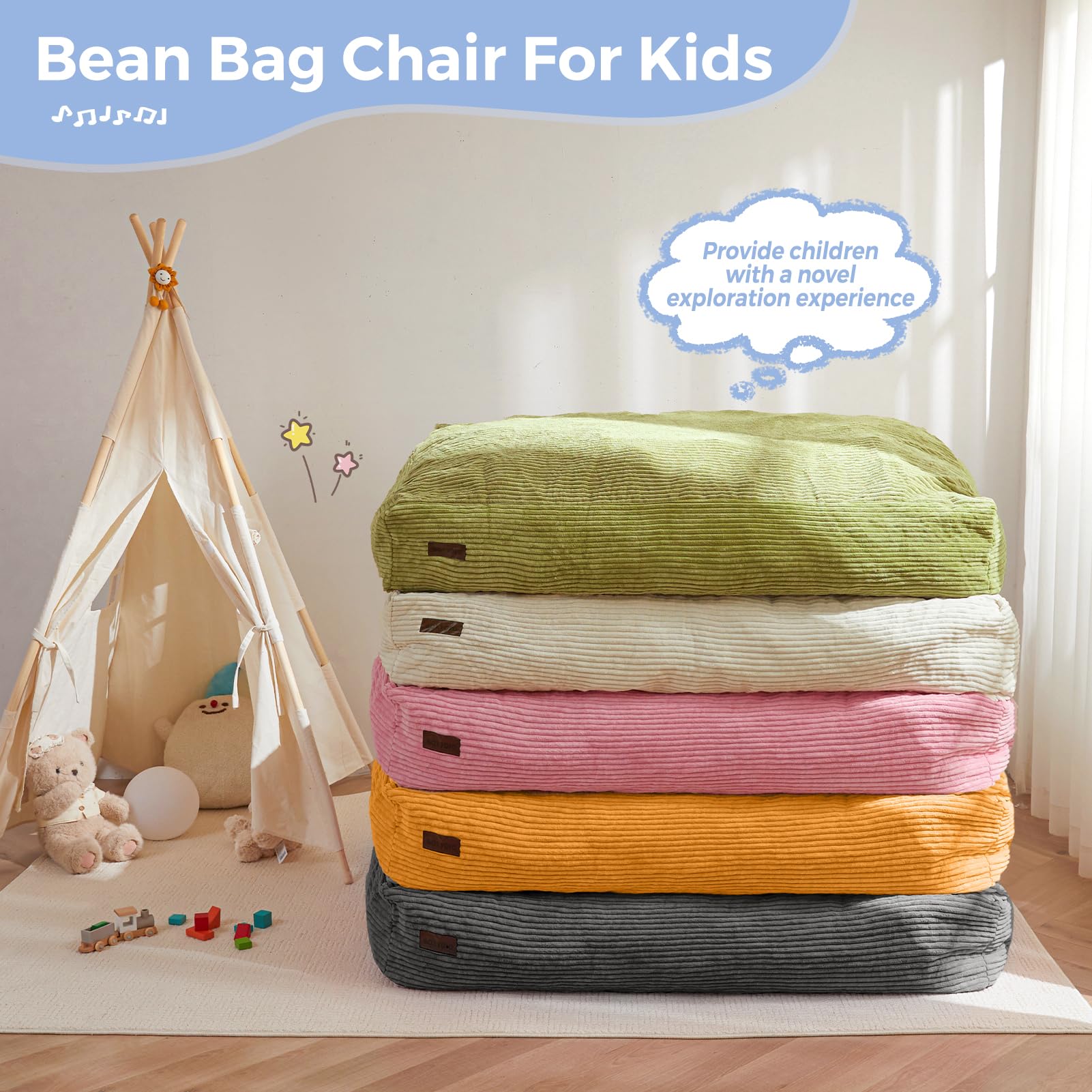 MAXYOYO Kids Corduroy Bean Bag Chair - Convertible to Floor Mattress | Green Soft Lounge Chair for Bedroom, Playroom & Dorm | Comfortable Reading Nook & Gaming Seat