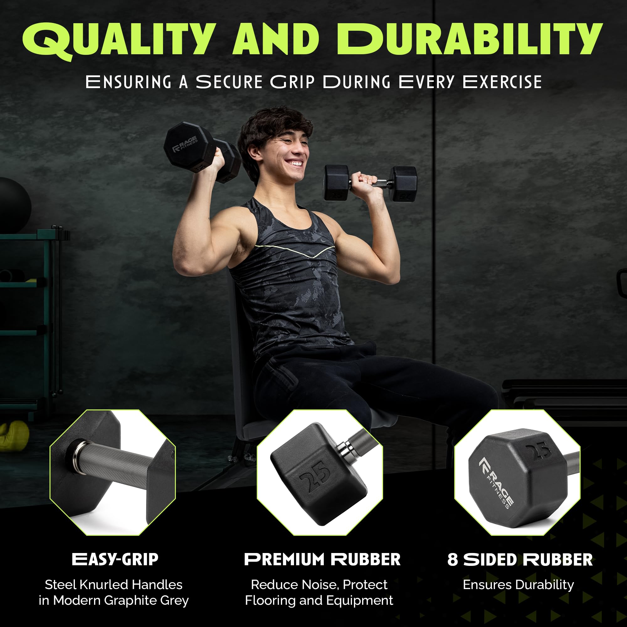 No-Roll Rubber Coated Dumbbells with Knurled Steel Handle - 10-60lbs Home Gym Weights for Strength Training - Perfect for CrossFit, HIIT & Home Workouts (Sold Individually)