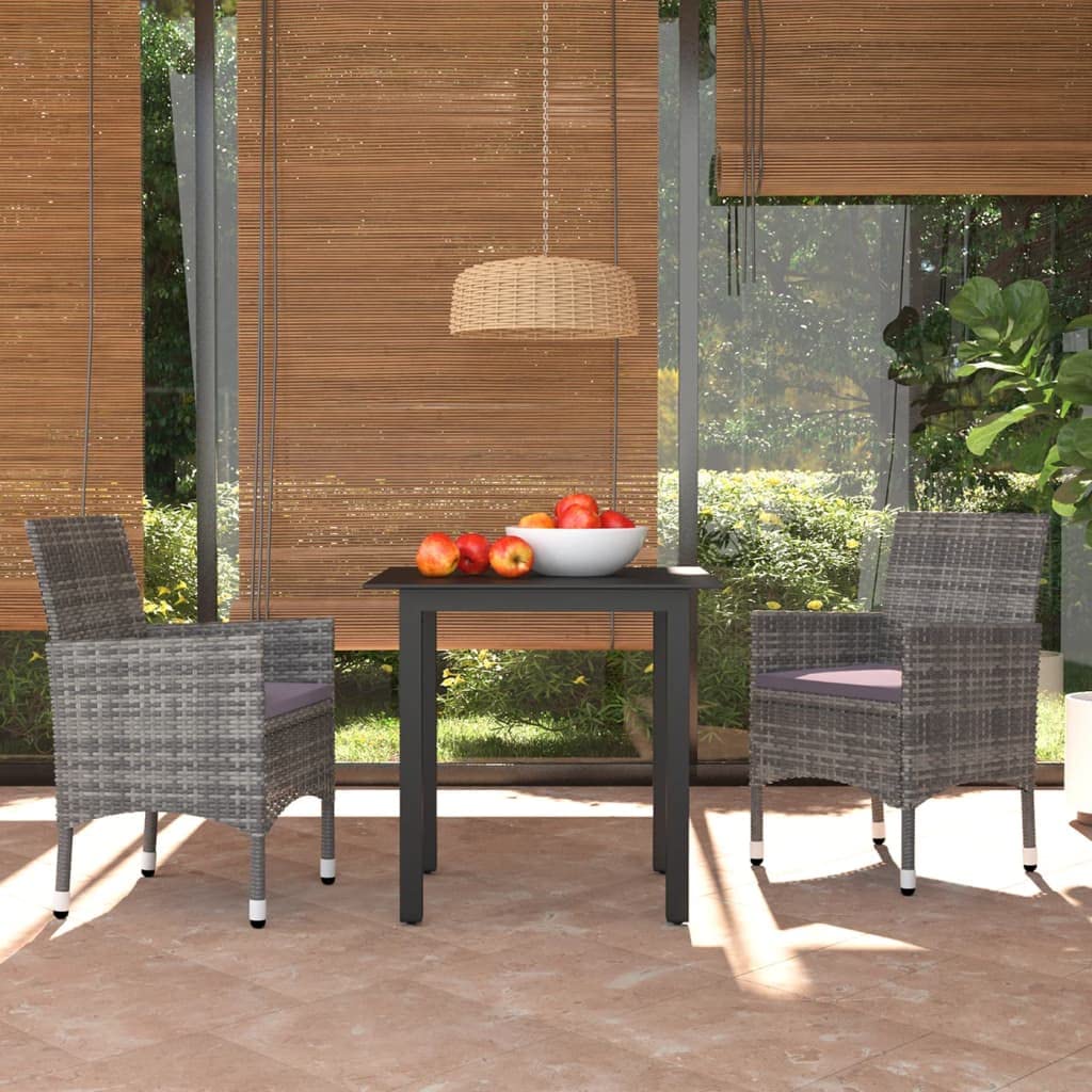 Gray 3-Piece Outdoor Patio Dining Set with Cushions - Durable Poly Rattan Table & Chairs for Backyard, Garden, Poolside & Alfresco Dining
