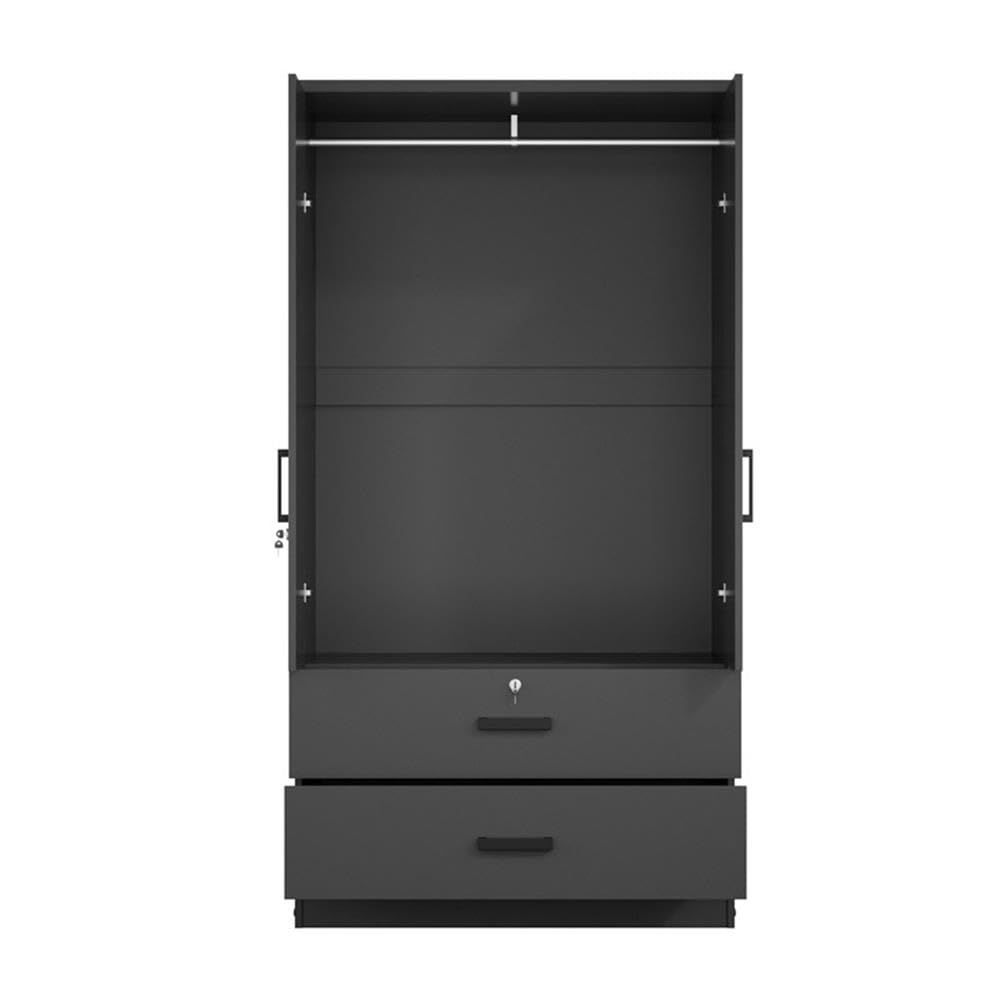 Better Home Products Grace Wood 2-Door Wardrobe Armoire with 2 Drawers - Black Wooden Closet for Bedroom Storage & Organization