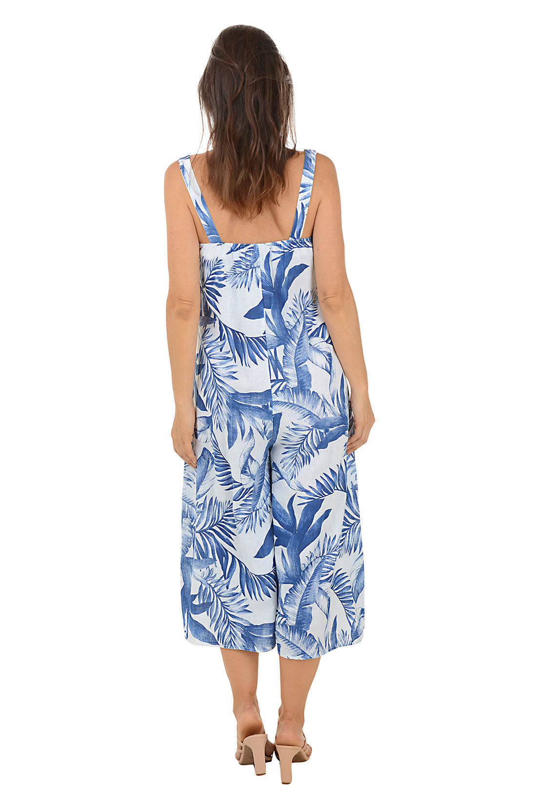 Blue Leaves Linen Sleeveless Jumpsuit for Women - Summer Casual Romper with Pockets - Perfect for Beach, Vacation & Outdoor Activities
