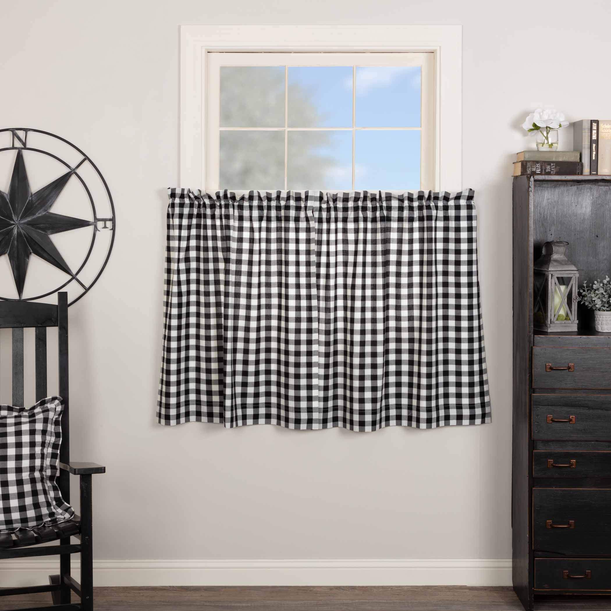 Annie Buffalo Check Cotton Farmhouse Kitchen Curtains - Black 36x36 Tier Pair with Rod Pocket | Rustic Country Style Window Treatment for Cozy Home Decor