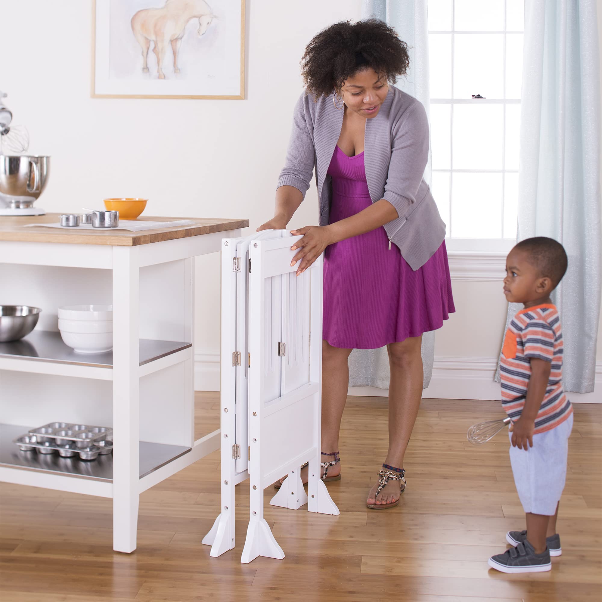 Guidecraft Kitchen Helper Toddler Tower Step Stool - Adjustable Height Montessori Learning Stool for Kids - White Wooden Foldable Step Stool for Kitchen, Baking & Cooking Activities - Safe Toddler Standing Platform