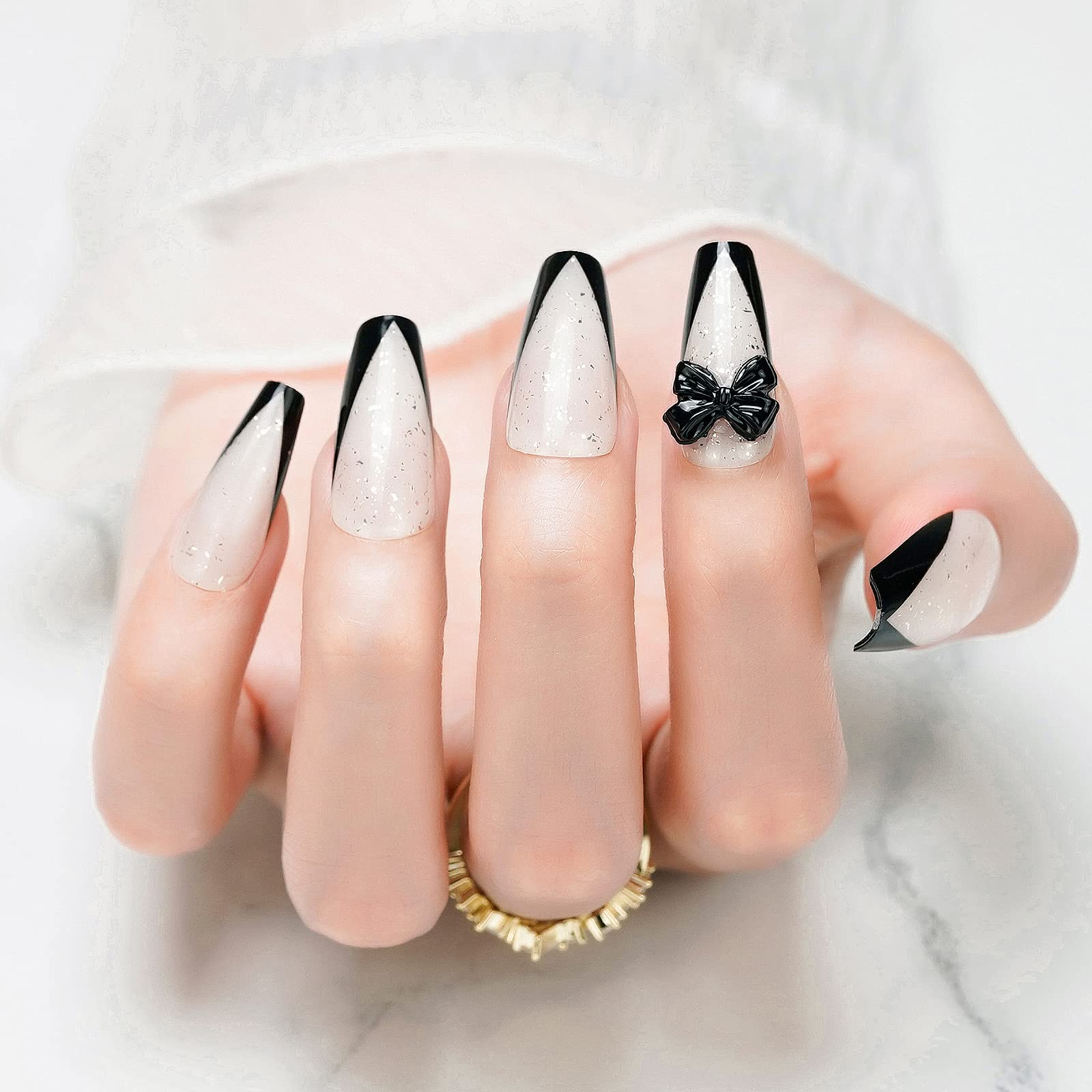 Jofay Fashion Black French Tip Press on Nails - Medium Length Acrylic Fake Nails with Glue, 24pcs Reusable Stick on Nails for Women & Girls - Black Coffin French Design for Parties, Weddings & Daily Wear