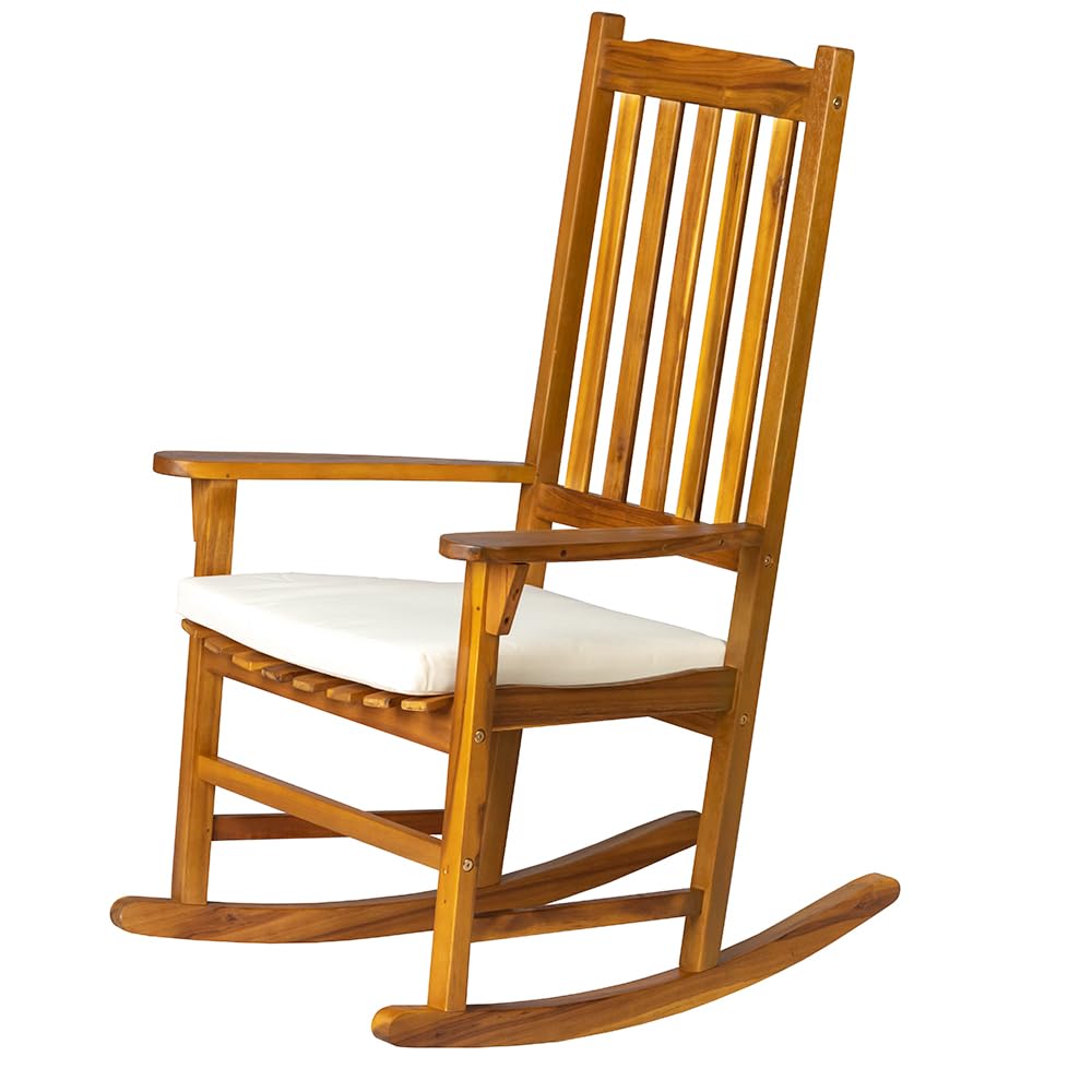 Premium Acacia Wood Rocking Chair with Cushion - Outdoor & Indoor Patio Rocker for Porch, Garden, Balcony, Backyard, Living Room - Perfect for Relaxing, Reading & Enjoying Nature
