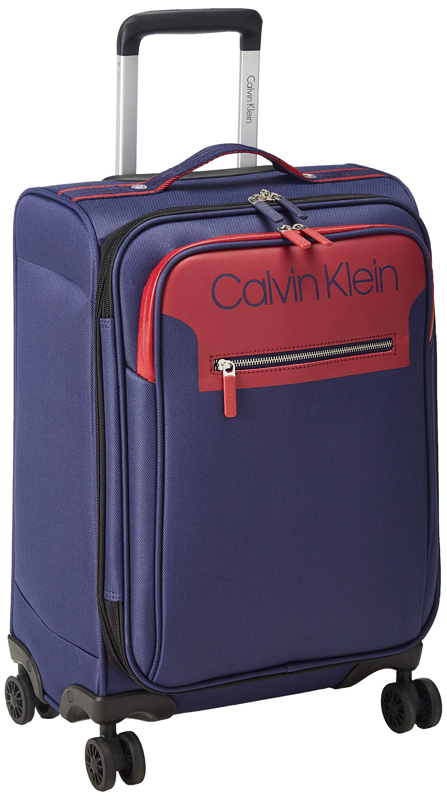Calvin Klein Flare Softside Spinner Luggage 21 Inch - Navy/Red Carry-On Suitcase with 360° Wheels for Travel & Business Trips | Lightweight Durable Hardshell Luggage