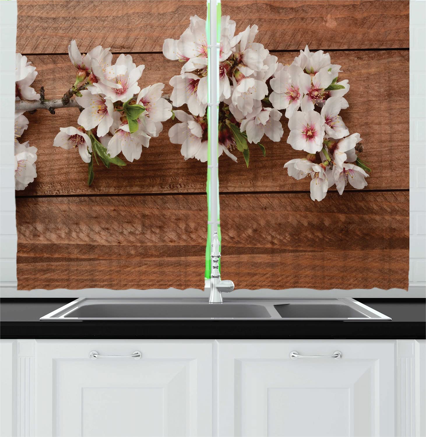 Ambesonne Almond Blossom Kitchen Curtains Set of 2 Panels - Rustic Wooden Background with Spring Flower Design - 55