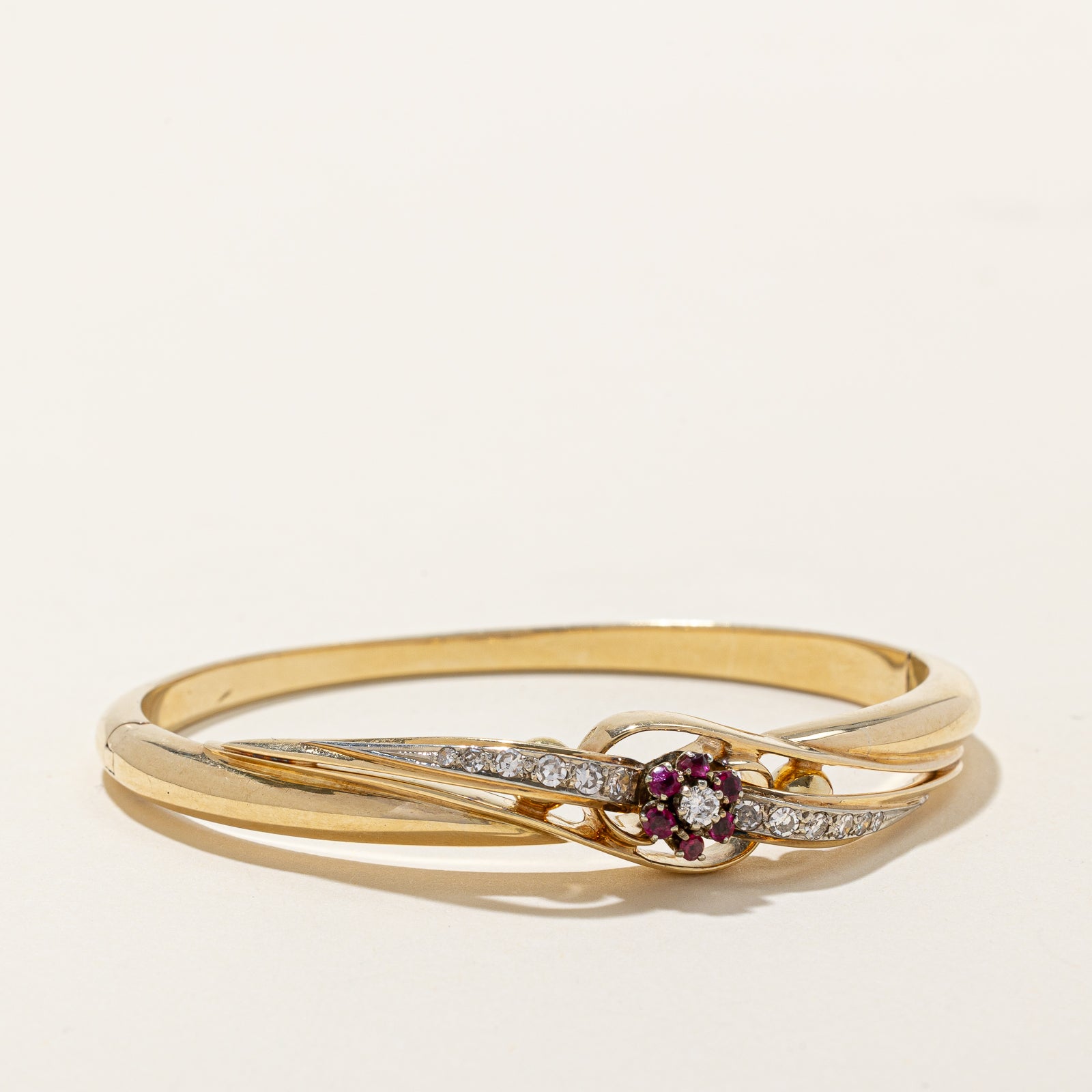 Exquisite Diamond & Ruby Flower Bangle - 0.38ctw Diamonds & 0.25ctw Rubies - 6.5 Inch Adjustable Bracelet - Perfect for Weddings, Anniversaries & Special Occasions