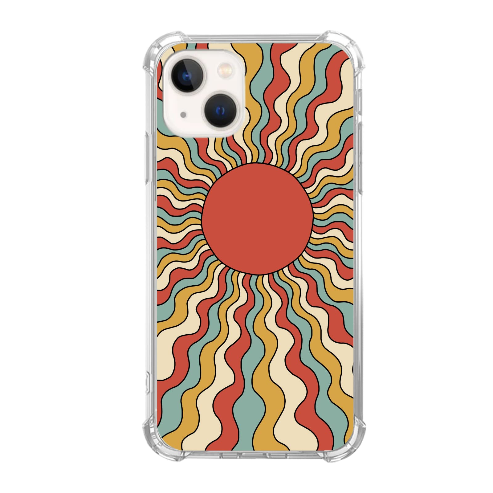Vintage 70s Retro Sun Rays Phone Case for iPhone 13 - Groovy Yellow Blue Red Swirl Design, Trendy TPU Bumper Cover for Men & Women | Perfect for Music Festivals, Beach Days & Retro-Themed Parties