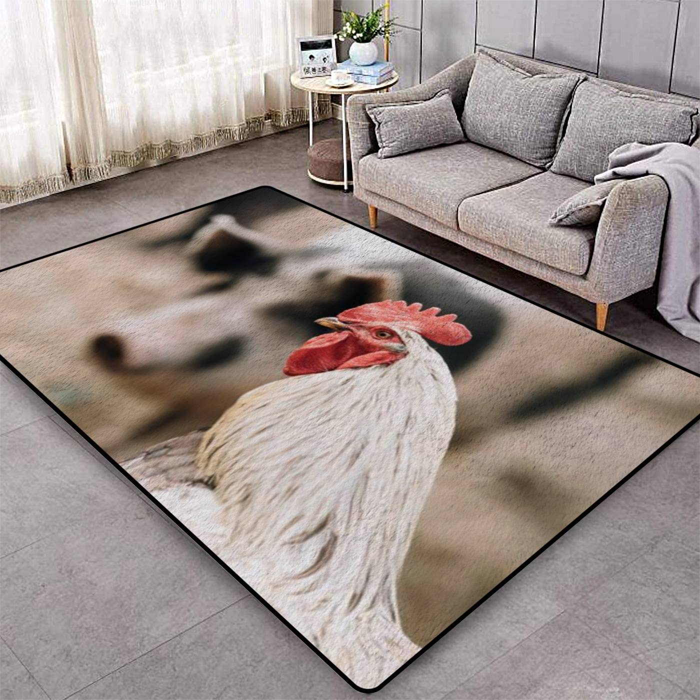 Soft Low Pile Farmhouse Rug - White Chicken & Rooster Design on Pig Snout Print, Non-Slip Shaggy Carpet for Living Room, Bedroom, Indoor/Outdoor Use - Perfect Rustic Decor for Farmhouse, Cottage & Country Homes
