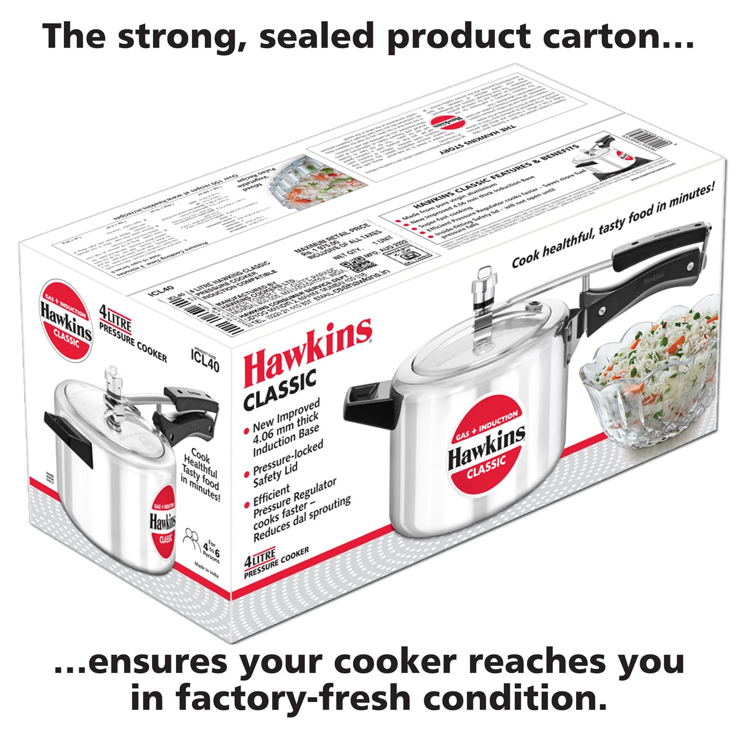 Hawkins 4L Aluminum Classic Pressure Cooker with Induction Lid - Silver (ICL40) | Fast & Safe Cooking for Soups, Stews, Rice & More | Perfect for Home & Restaurant Use