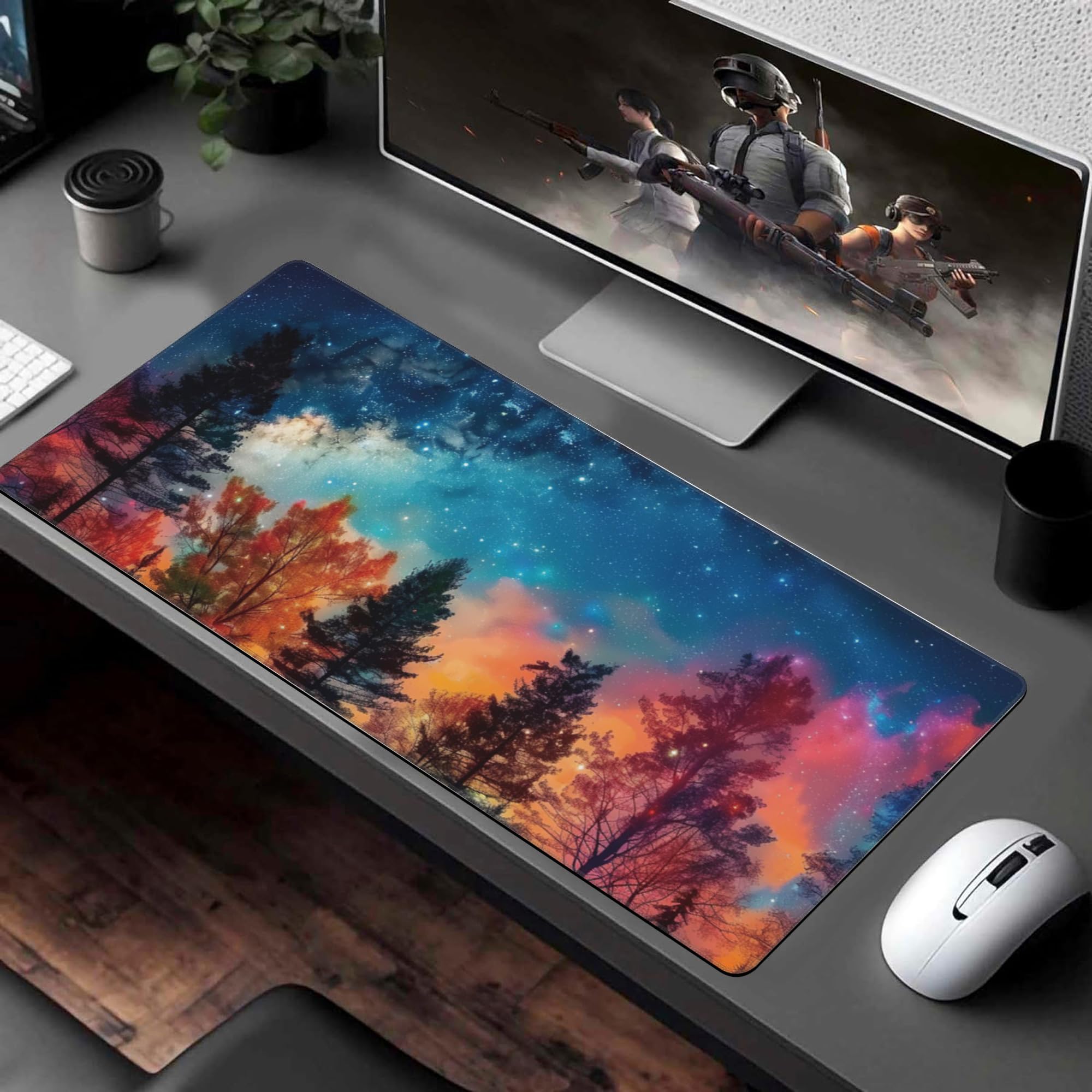 XXL Gaming Mouse Pad - Milky Way & Misty Forest Design, Large Extended Desk Mat (35.4