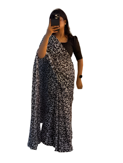 Elegant Soft Georgette Black & White Saree Gown for Women | Traditional Indian Party Wear | Perfect for Weddings, Festivals & Special Occasions