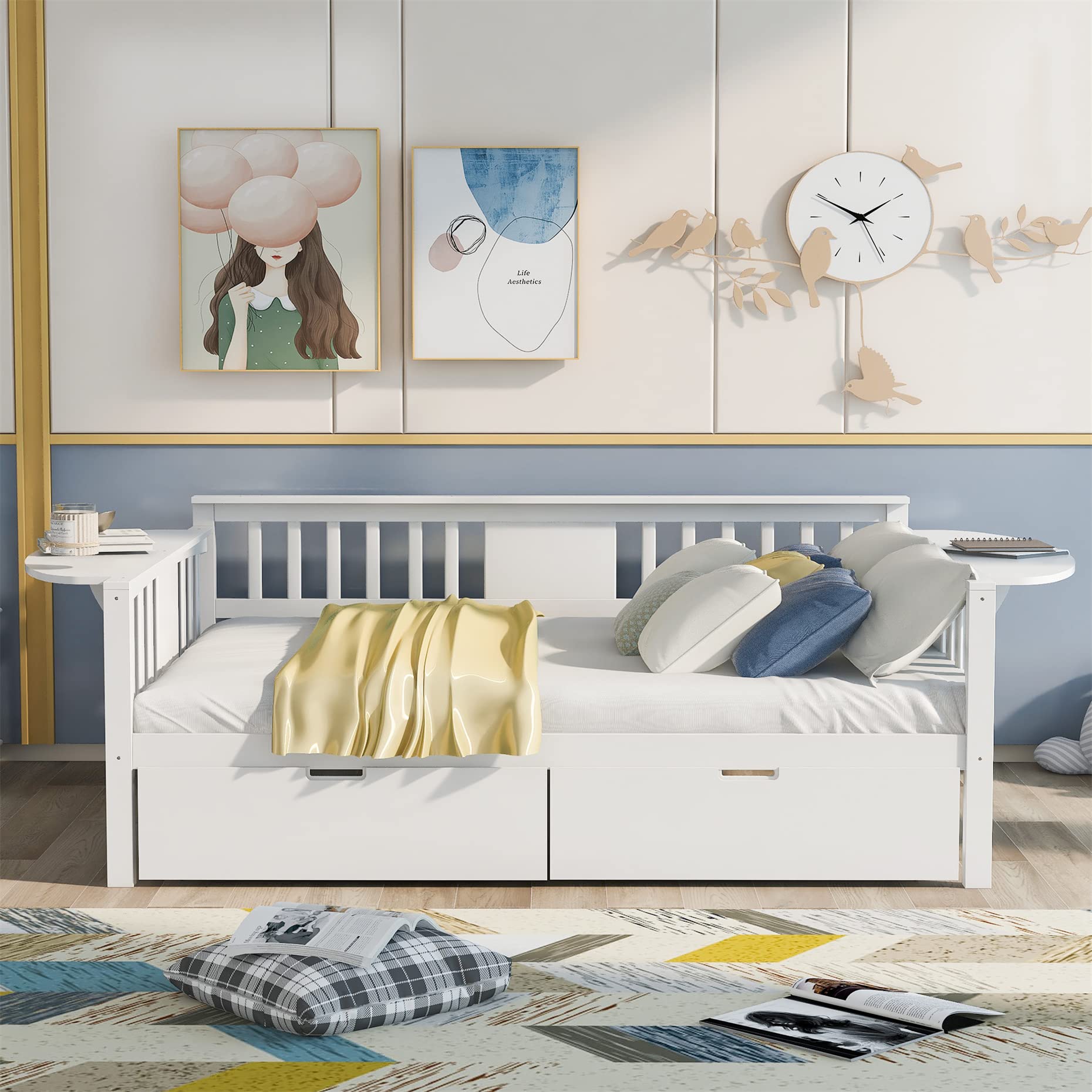 Harper & Bright Designs Full Size Daybed with Storage Drawers & Foldable Table - Wooden Sofa Bed Frame for Small Spaces, Guest Room, Living Room or Dorm (White, 2 Drawers) - Perfect for Sleepovers, Home Office & Space-Saving Solutions