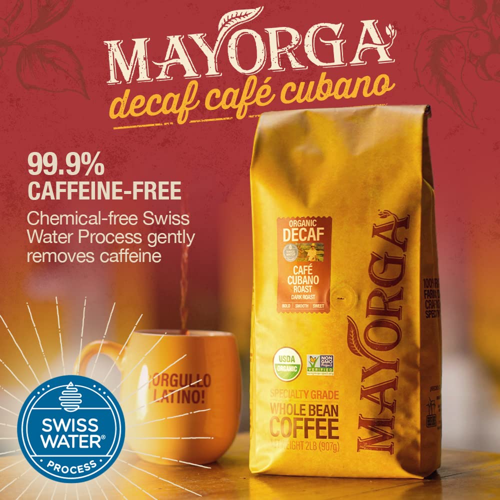 Mayorga Organic Swiss Water Decaf Dark Roast Coffee - 2lb Bag, 100% Arabica Whole Bean, Non-GMO, Specialty Grade, Direct Trade - Perfect for Home Brewing, Office Use & Gifts