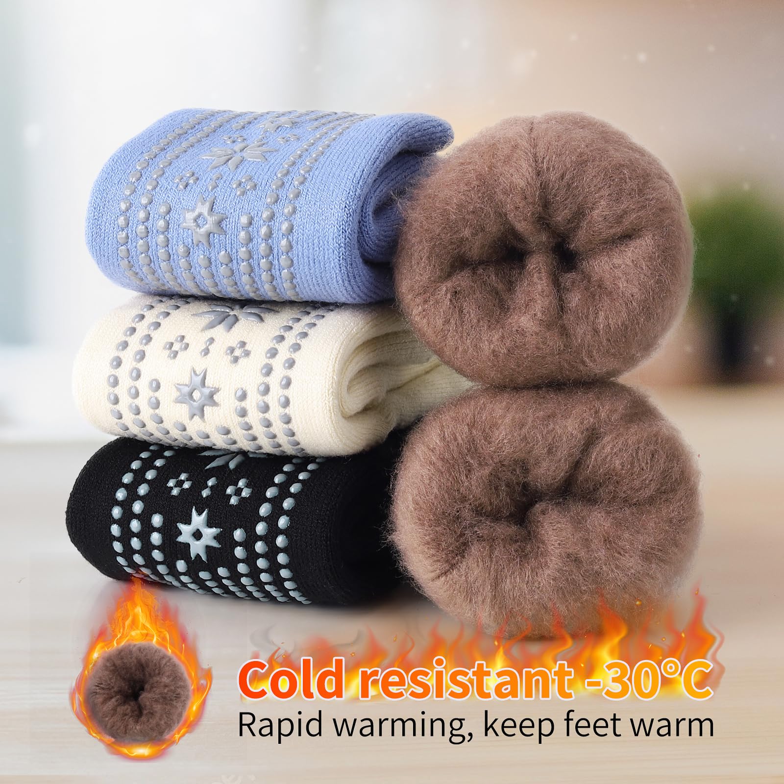 ICEIVY Thermal Slippers for Women - 4 Pairs Cozy Winter Socks with Grips for Home & Hospital Use