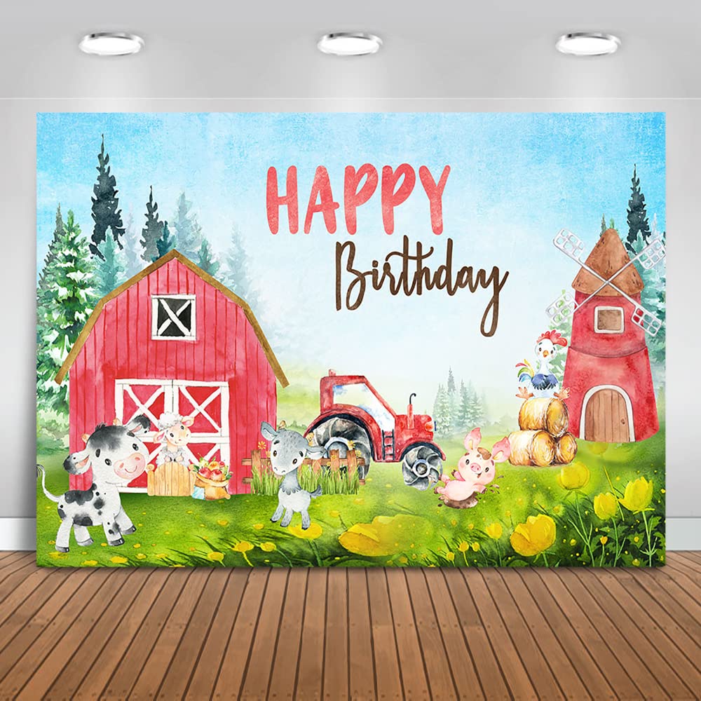 Farm Animal Birthday Backdrop 7x5ft - Red Barn Vinyl Photography Background for Farm Theme Party Decorations | Perfect for Kids Birthday, Baby Shower, and Family Photo Shoots
