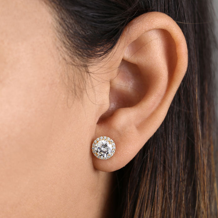 14K Yellow Gold Halo Cubic Zirconia Stud Earrings for Women - Elegant & Hypoallergenic Jewelry Gift for Wedding, Anniversary, or Special Occasions