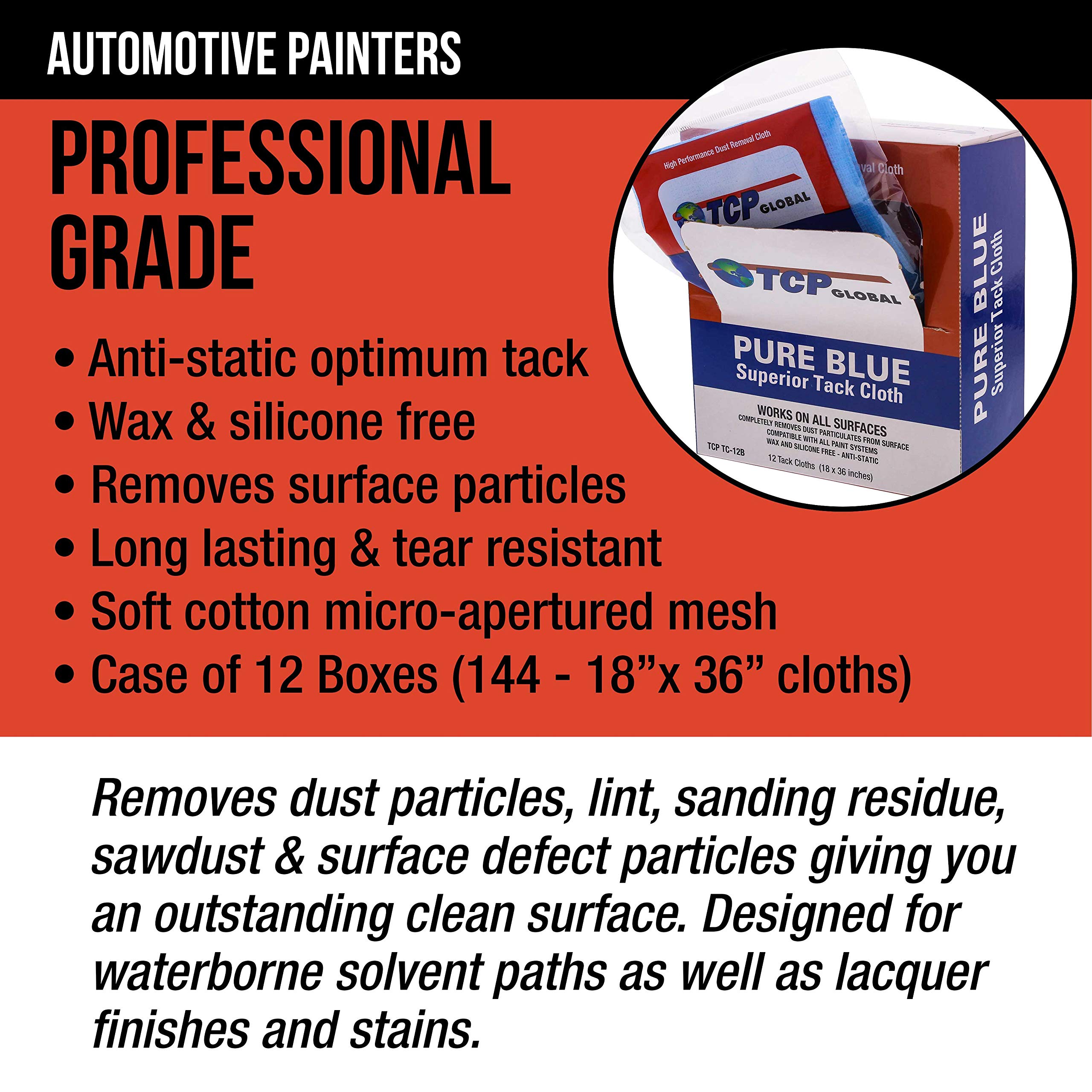 TCP Global Pure Blue Superior Tack Cloth - 144-Pack for Automotive & Woodworking | Dust, Stain & Paint Removal | High-Tack Cleaning Rags for Auto Body & DIY Projects | Perfect for Car Detailing, Furniture Refinishing & Workshop Cleaning