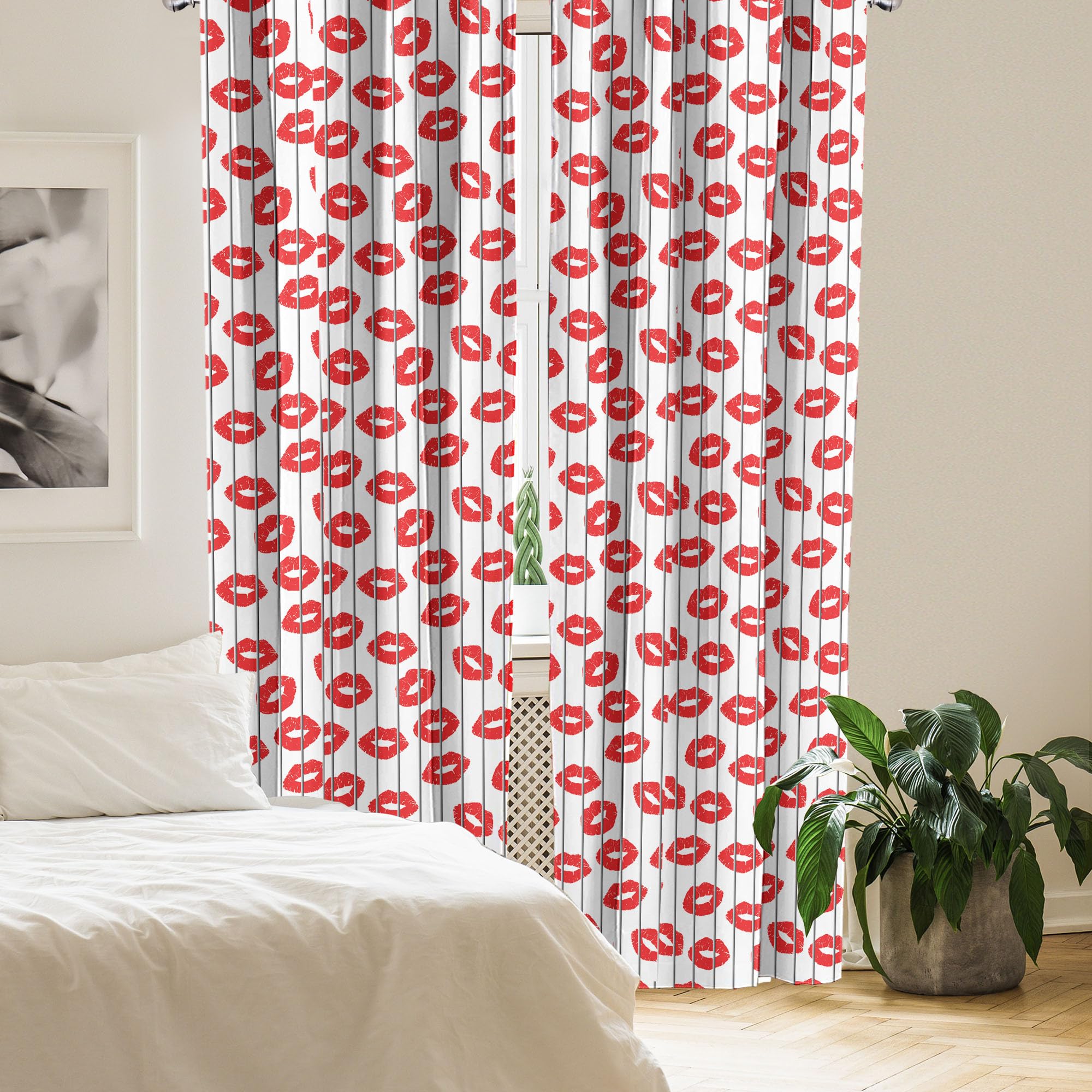 Ambesonne Glamour Window Curtains - Set of 2 Romantic Lips Print Panels with Rod Pocket, 56x95 Inches, Scarlet & White - Perfect for Valentine's Day Decor, Bedroom & Living Room Drapes