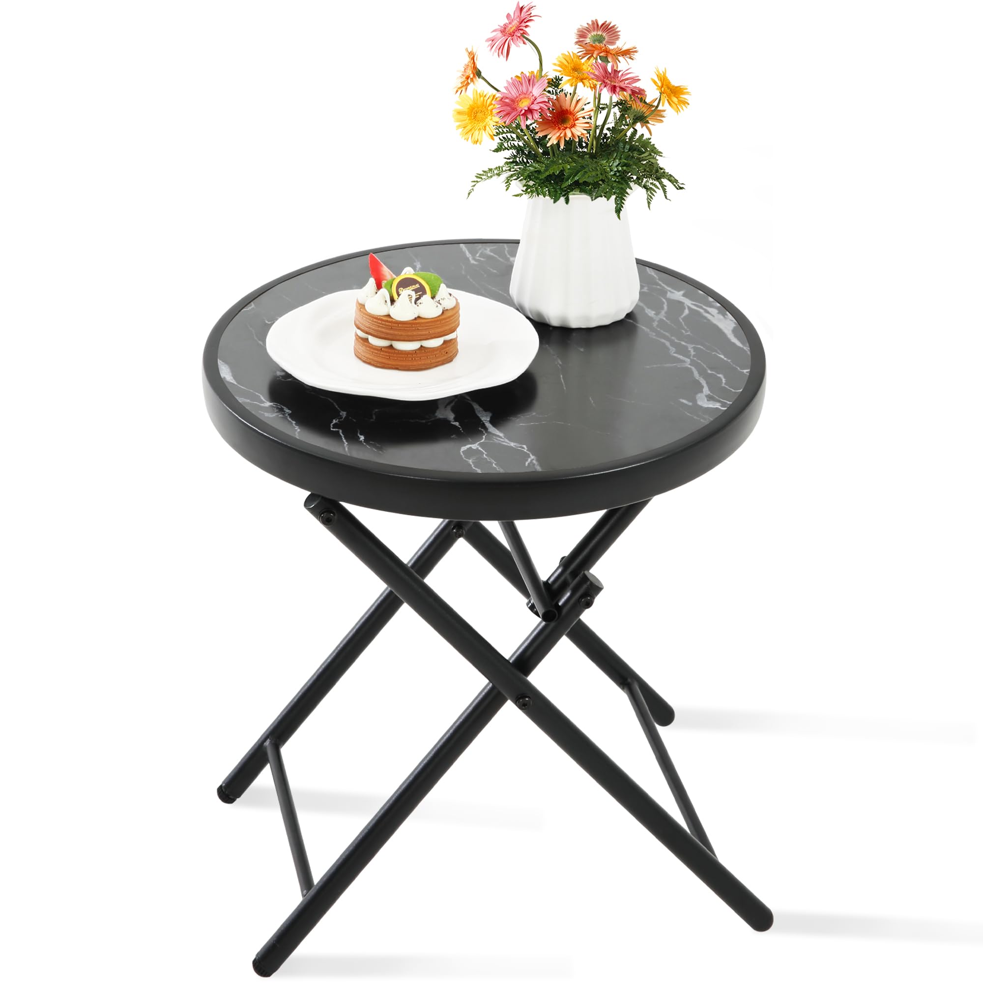 HOMEFUN Outdoor Folding Side Table with Tempered Glass Top - Portable Bistro Coffee Table for Patio, Porch, Yard, Balcony, Garden, Deck & Poolside - Perfect for Outdoor Dining, Relaxing & Entertaining - Black