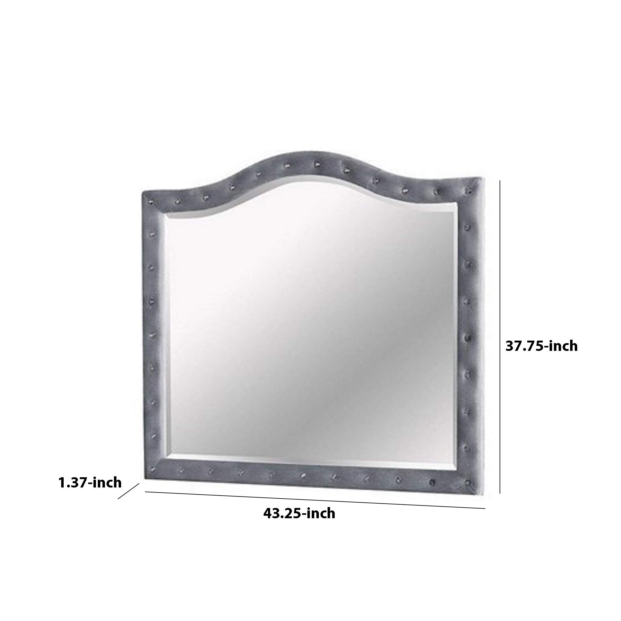 Benjara 38 Inch Gray Fabric Padded Frame Mirror with Button Tufting - Elegant Full-Length Dressing Mirror for Bedroom, Living Room, and Entryway Decor