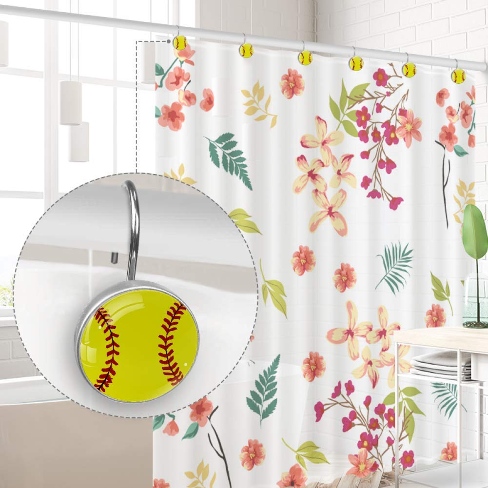 12-Pack Softball Print Crystal Glass Shower Curtain Hooks - Decorative Bathroom Accessories for Sports Theme & Modern Home Decor