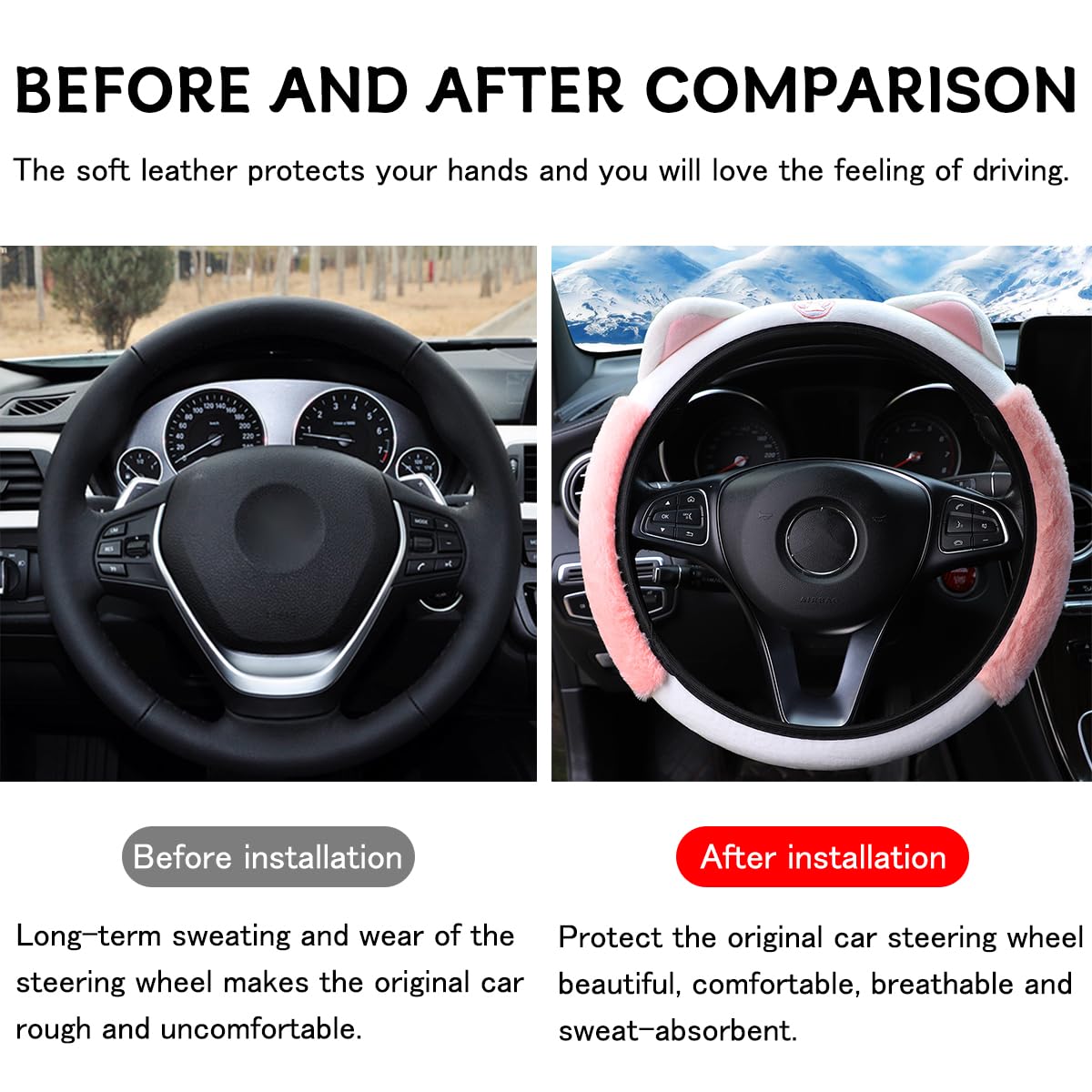 Fluffy Soft Plush Car Steering Wheel Cover for Winter Warmth - Cute Kitty Cat Ears Design, Universal 15 Inch, Elastic & Anti-Slip Steering Wheel Protector - Lovely Pink Car Accessories for Women, Girls & Teens - Perfect for Cold Weather Commuting & Stylish Car Decor