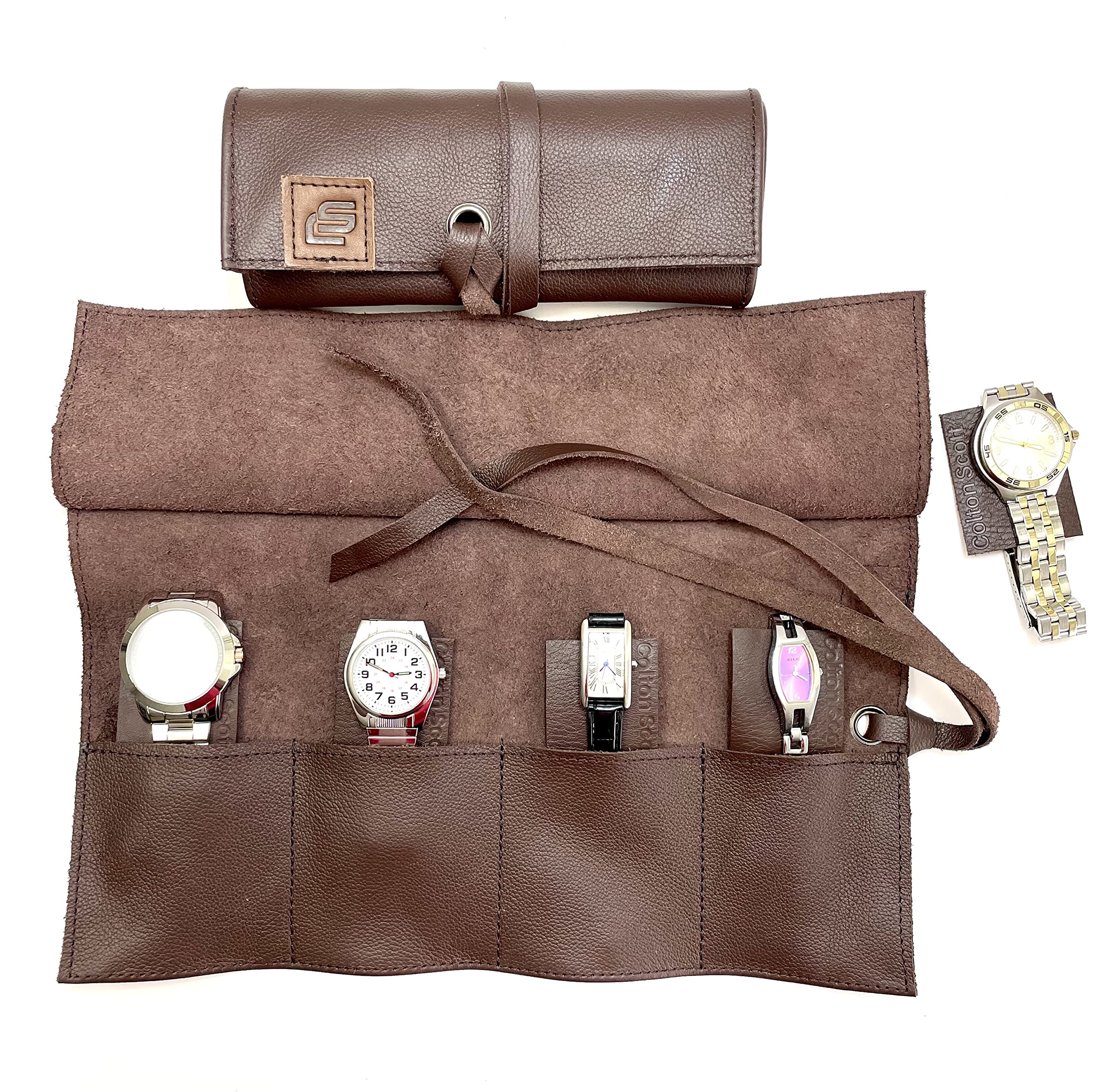 Premium Leather Watch Roll for 4 Watches - Handmade USA Italian Leather - Perfect Travel & Gift for Watch Lovers
