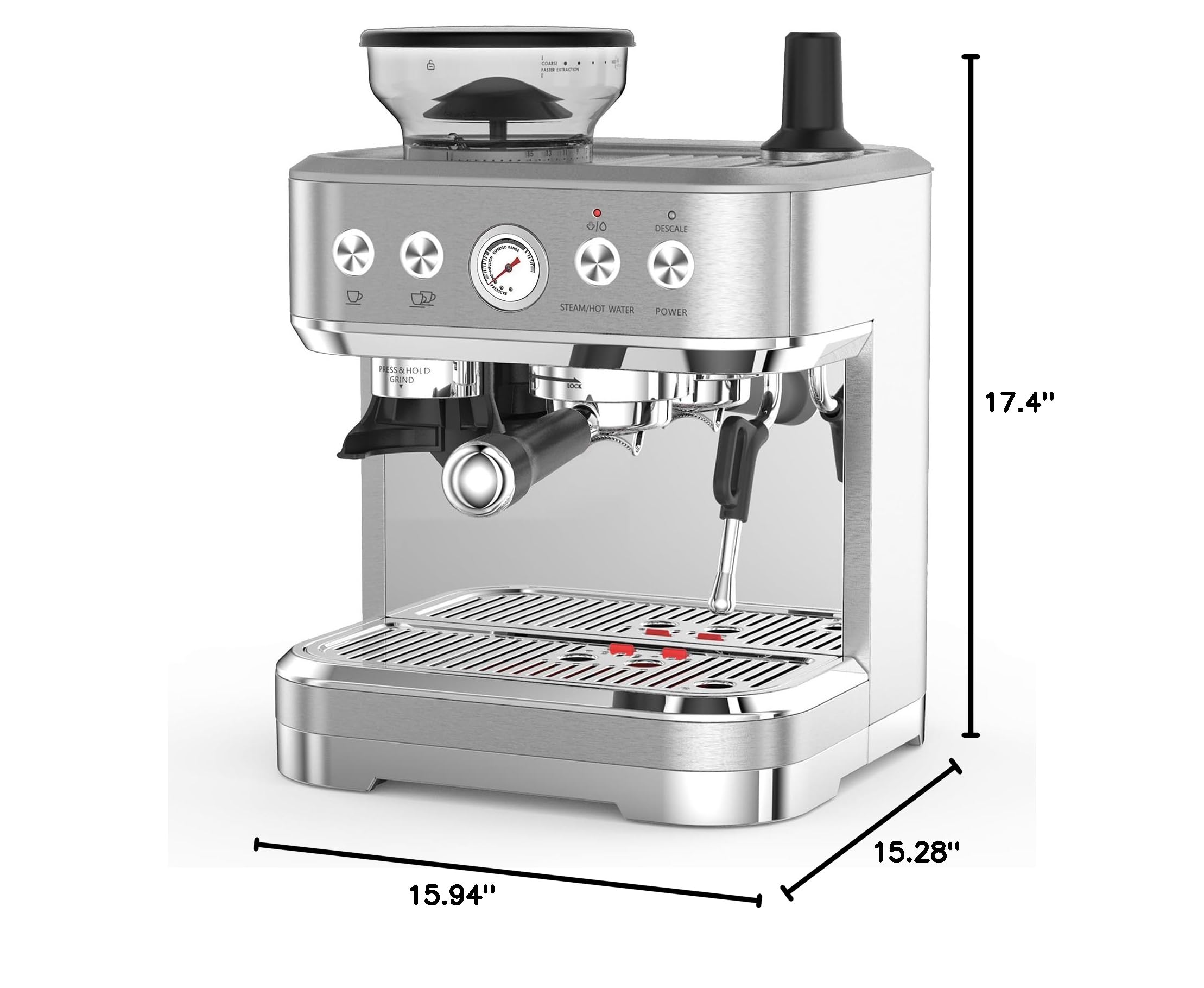 20 Bar Semi-Automatic Espresso Machine with Built-in Grinder & Milk Frother - Stainless Steel Coffee Maker for Latte & Cappuccino - 95oz Large Water Tank - Perfect for Home, Office & Cafe Use