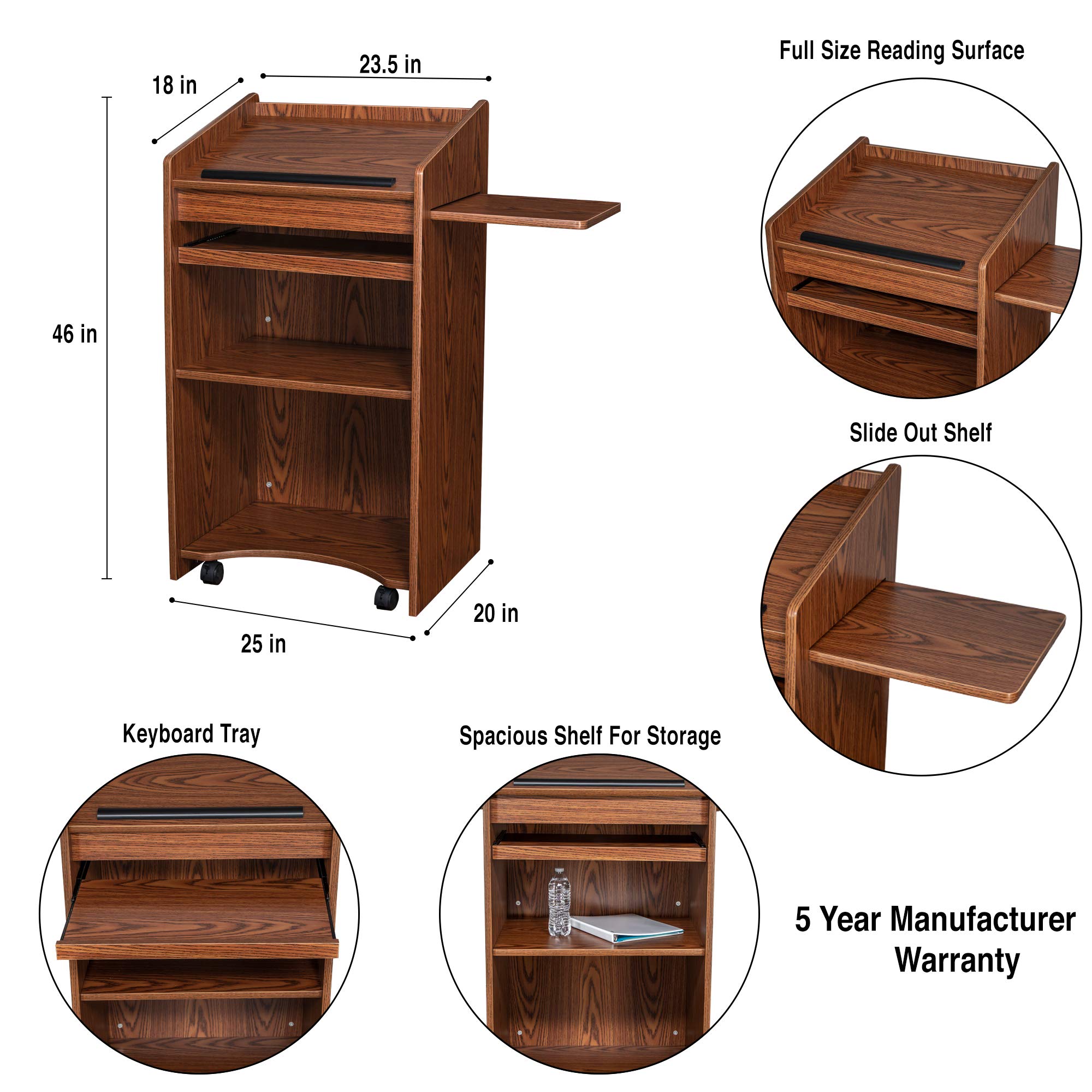 OEF Furnishings Mobile Floor Lectern with Side Shelf & Keyboard Tray - Medium Oak Finish for Church, Classroom & Home Office Use