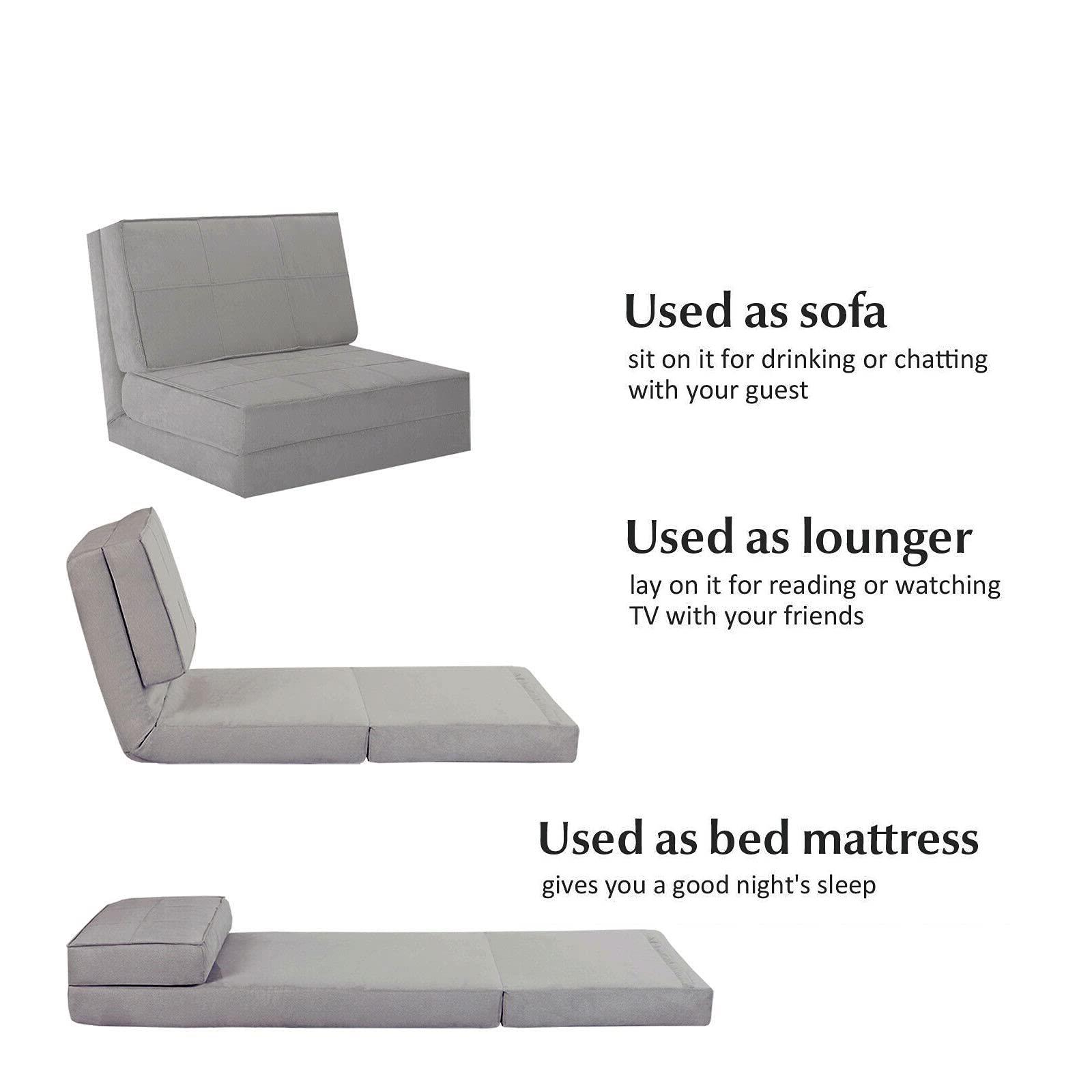 Grey Convertible Sofa Bed with 5 Adjustable Backrest Positions – Foldable Sleeper Lounger with Steel Frame, Suede Fabric & High-Density Foam – Non-Slip Feet for Living Room, Guest Room & Small Spaces