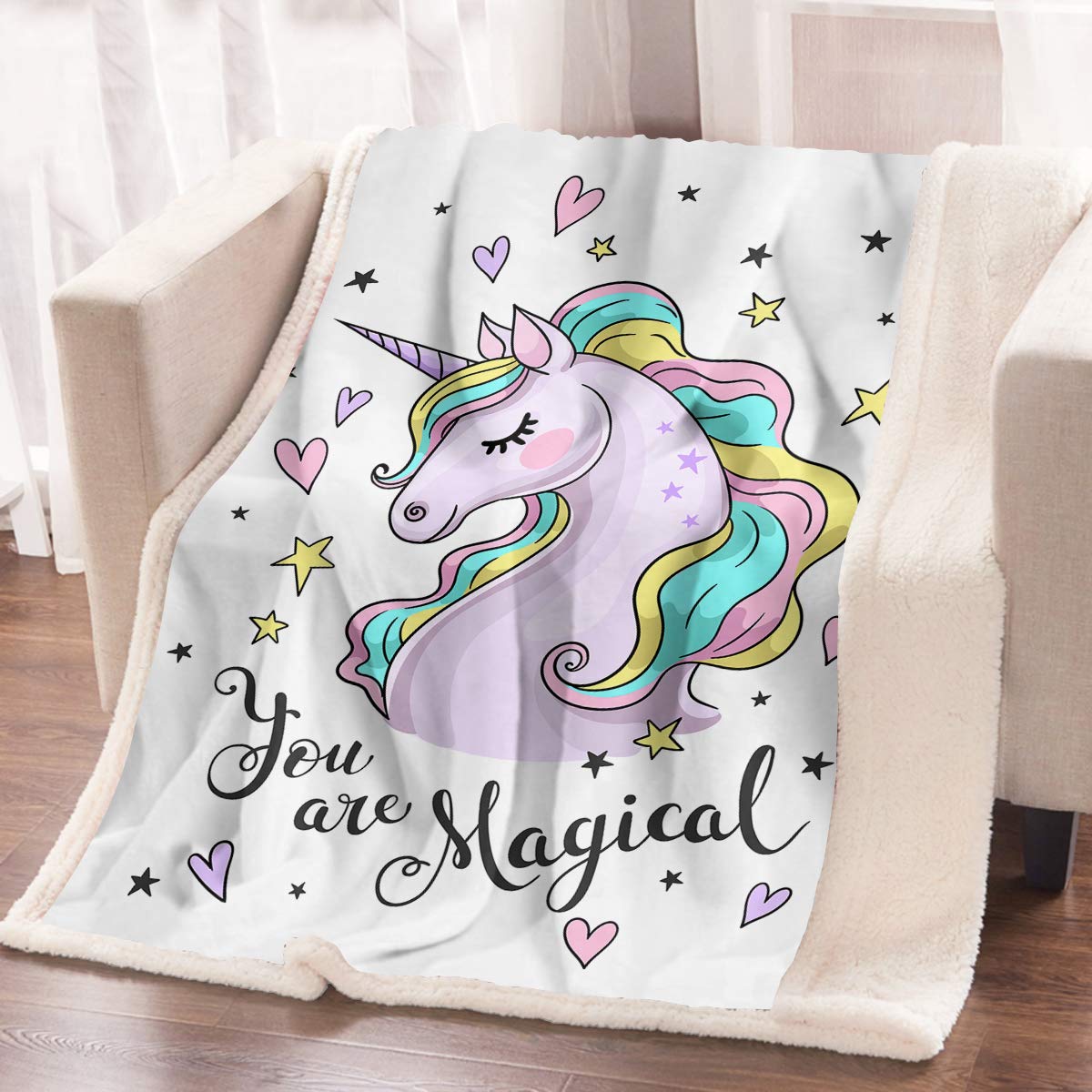 ARIGHTEX Unicorn Fleece Blanket for Kids, Teens & Adults - Soft Cartoon Unicorn with Hearts & Stars Design - 60 x 80 Inch Cozy Throw Blanket for Bed, Couch & Gift Giving