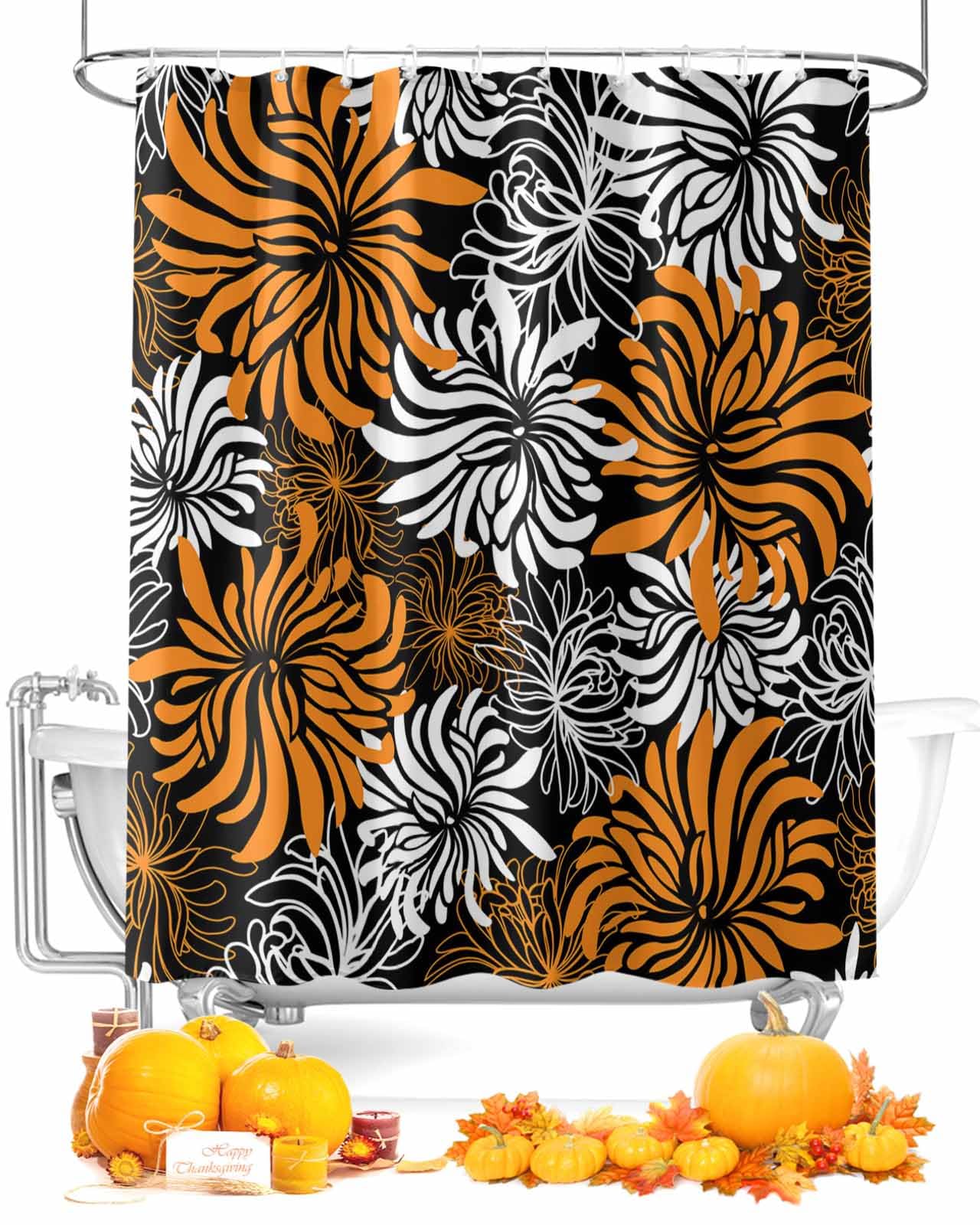 Waterproof Floral Chrysanthemum Shower Curtain Set with Hooks - 66x72 Inch Bathroom Decor for Bathtub & Shower - Perfect for Home, Apartment, and Hotel Use