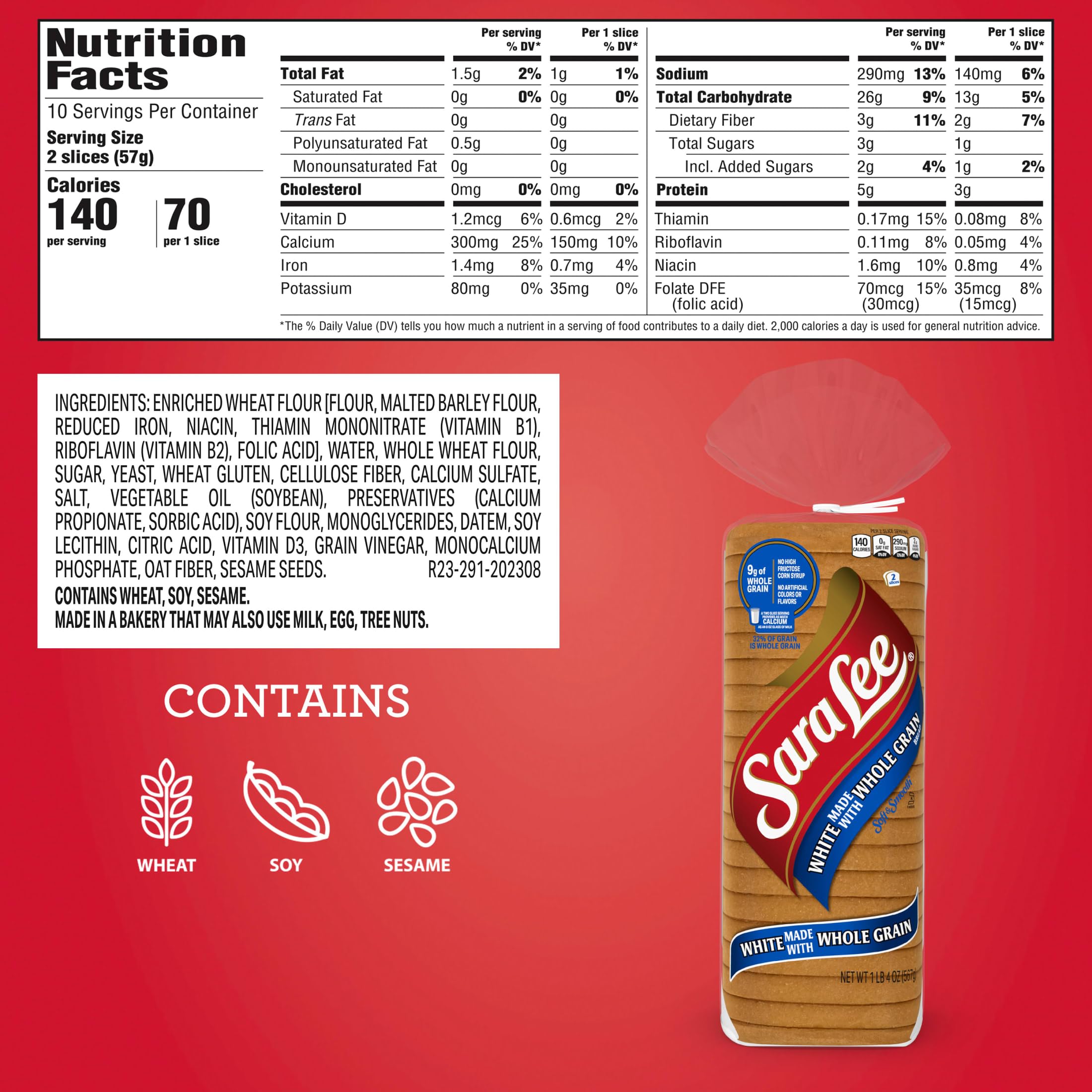 Sara Lee Whole Grain White Sandwich Bread - 20 Oz Loaf, No Artificial Colors or Flavors | Perfect for Sandwiches, Toast & Breakfast