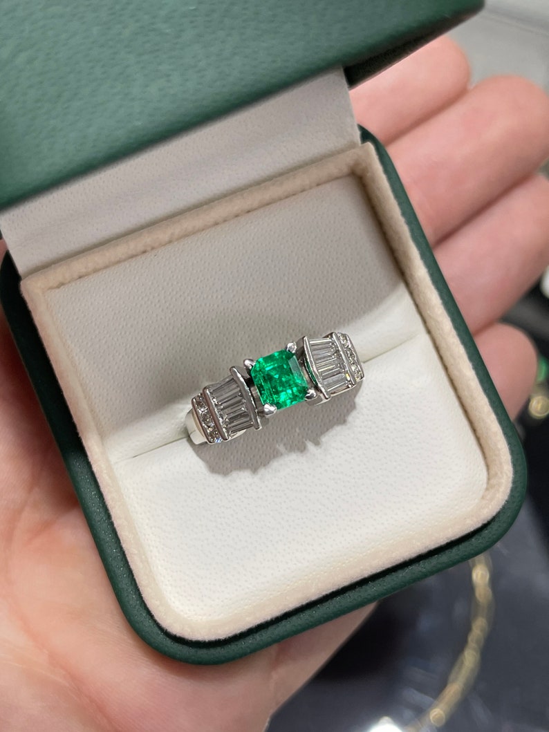 1.05tcw AAA Fine Quality Vivid Dark Green Emerald Asscher Cut Diamond Accent Platinum Ring - Elegant Wedding, Engagement & Anniversary Jewelry Gift