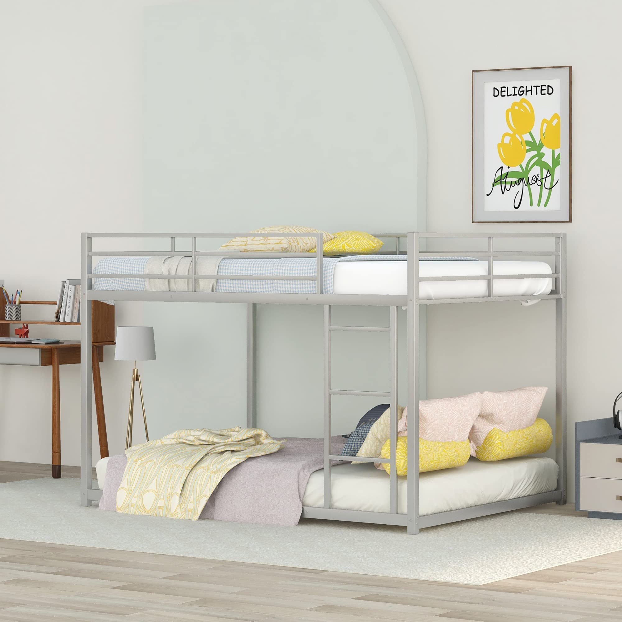 Harper & Bright Designs Sturdy Metal Full Over Full Bunk Bed for Kids - Low Profile Bunk Bed with Ladder for Boys & Girls - No Box Spring Required - Silver Finish - Perfect for Small Rooms, Shared Kids Bedrooms & Sleepovers