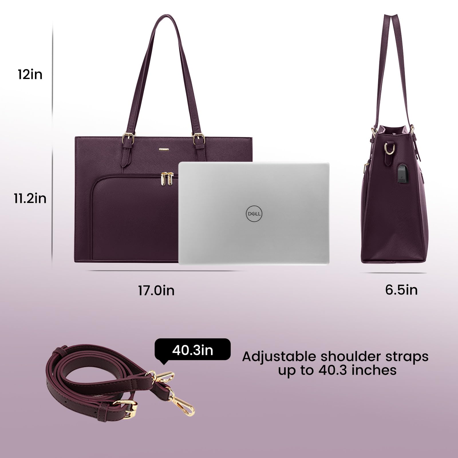 LOVEVOOK 15.6 Inch Waterproof Laptop Bag for Women - PU Leather Work Tote Briefcase with USB Charging Port, Professional Computer Shoulder Bag for Business, Travel, School & Office Use