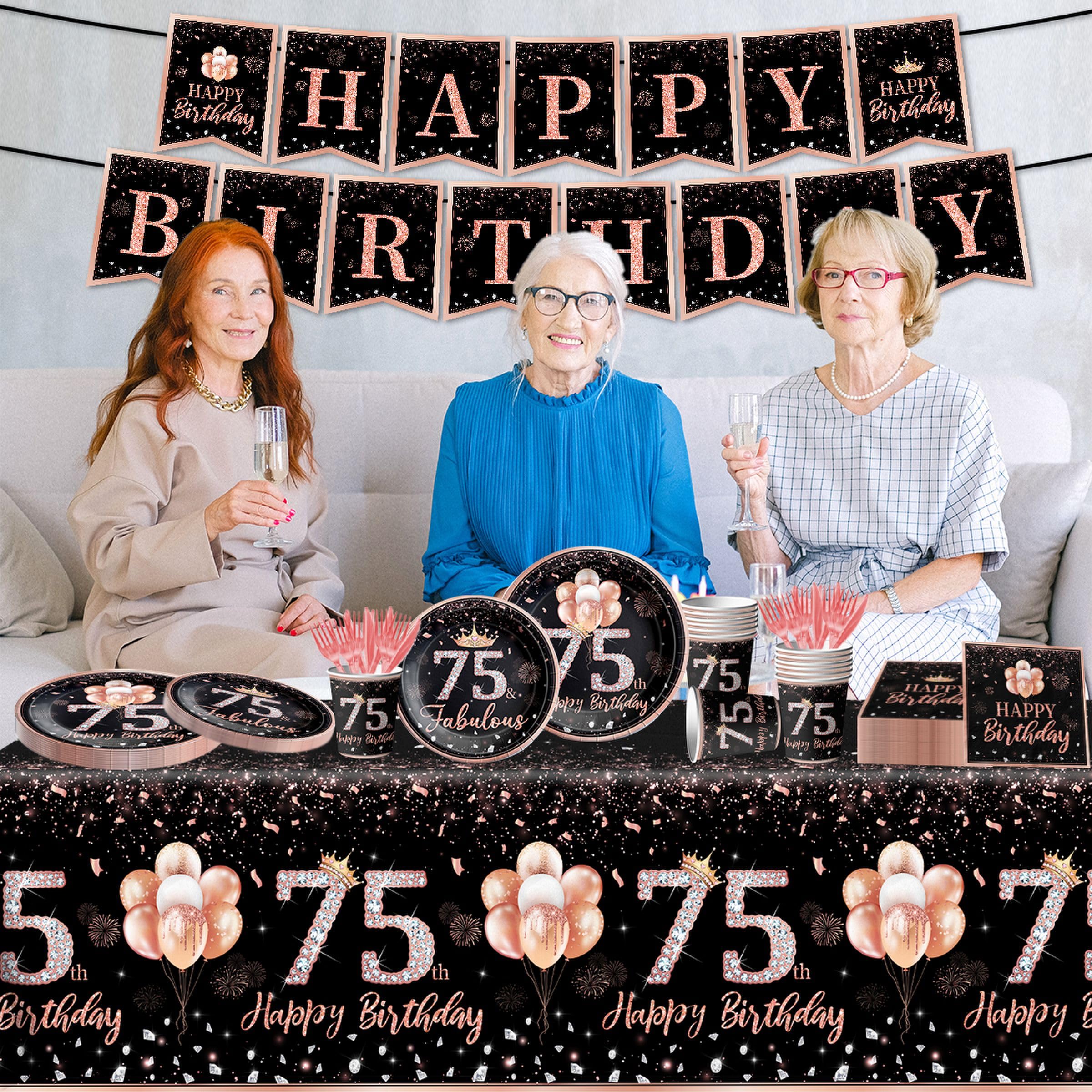 142Pcs Rose Gold 75th Birthday Party Tableware Set - Disposable Tablecloth, Plates, Napkins, Cups, Forks & Knives for Women's 75 Years Old Celebration - Perfect for Themed Birthday Decorations & Party Supplies