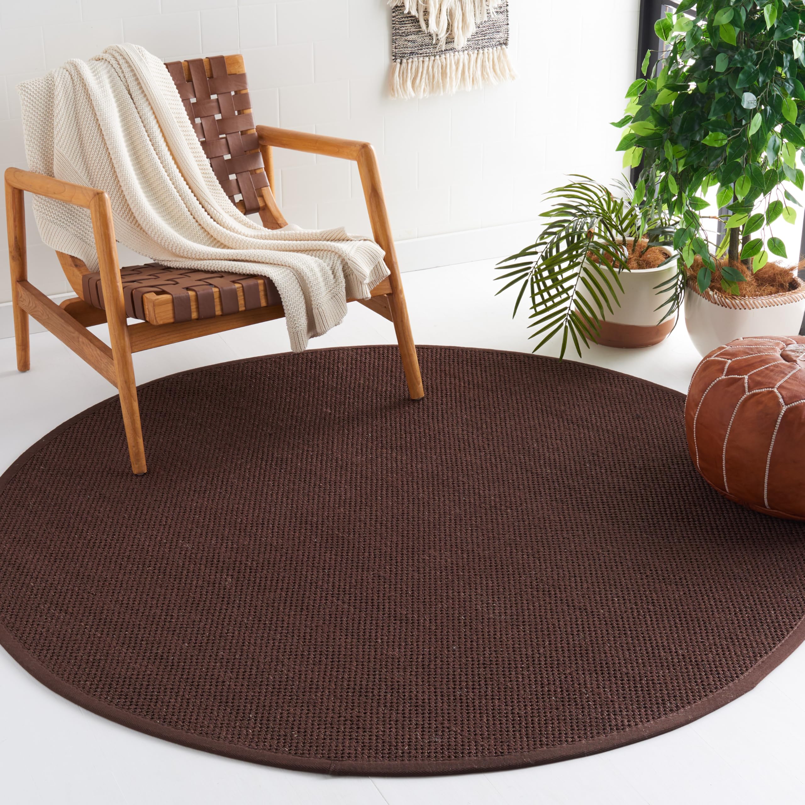 SAFAVIEH Natural Fiber Collection 8' Round Chocolate/Dark Brown NF133D Contemporary Rustic Farmhouse Border Premium Sisal Rug for Entryway, Foyer, Living Room, Bedroom & Kitchen - Perfect for Cozy Home Decor & High-Traffic Areas
