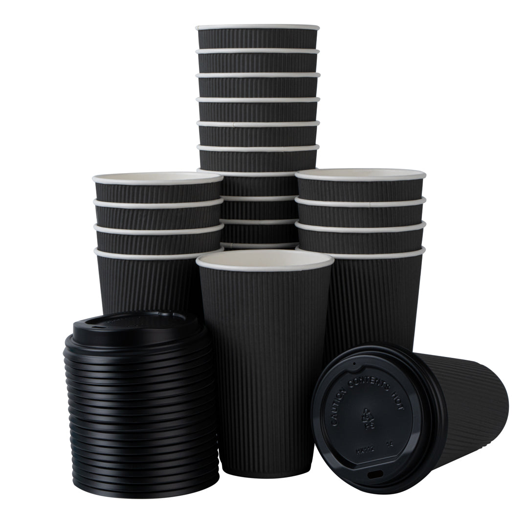 16 oz Black Paper Ripple Wall Coffee Cups with Black Lids - 200 Count Bulk Pack (3.5
