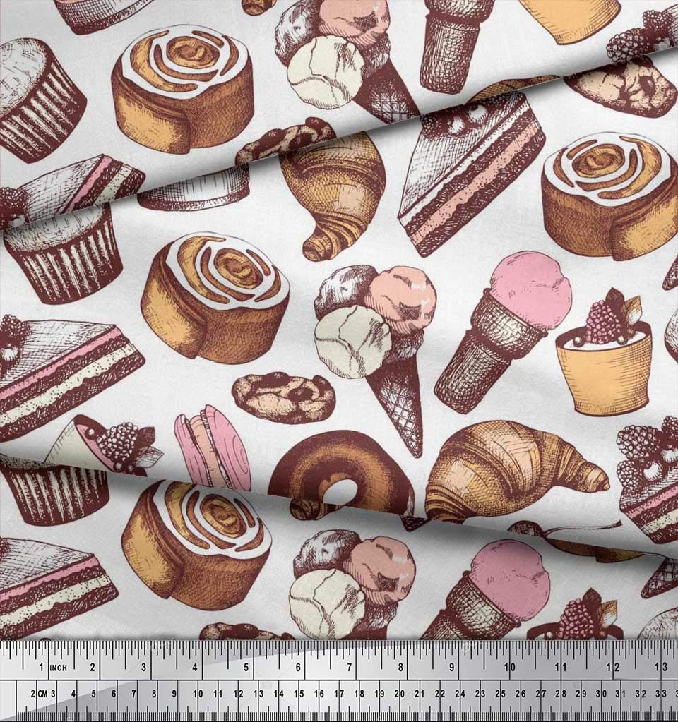 Soimoi 100% Cotton Cambric Fabric - 42 Inch Wide White Printed Fabric with Cupcake, Donut & Cookies Food Pattern - Perfect for DIY Crafts, Quilting, Sewing Projects, Home Decor, and Clothing